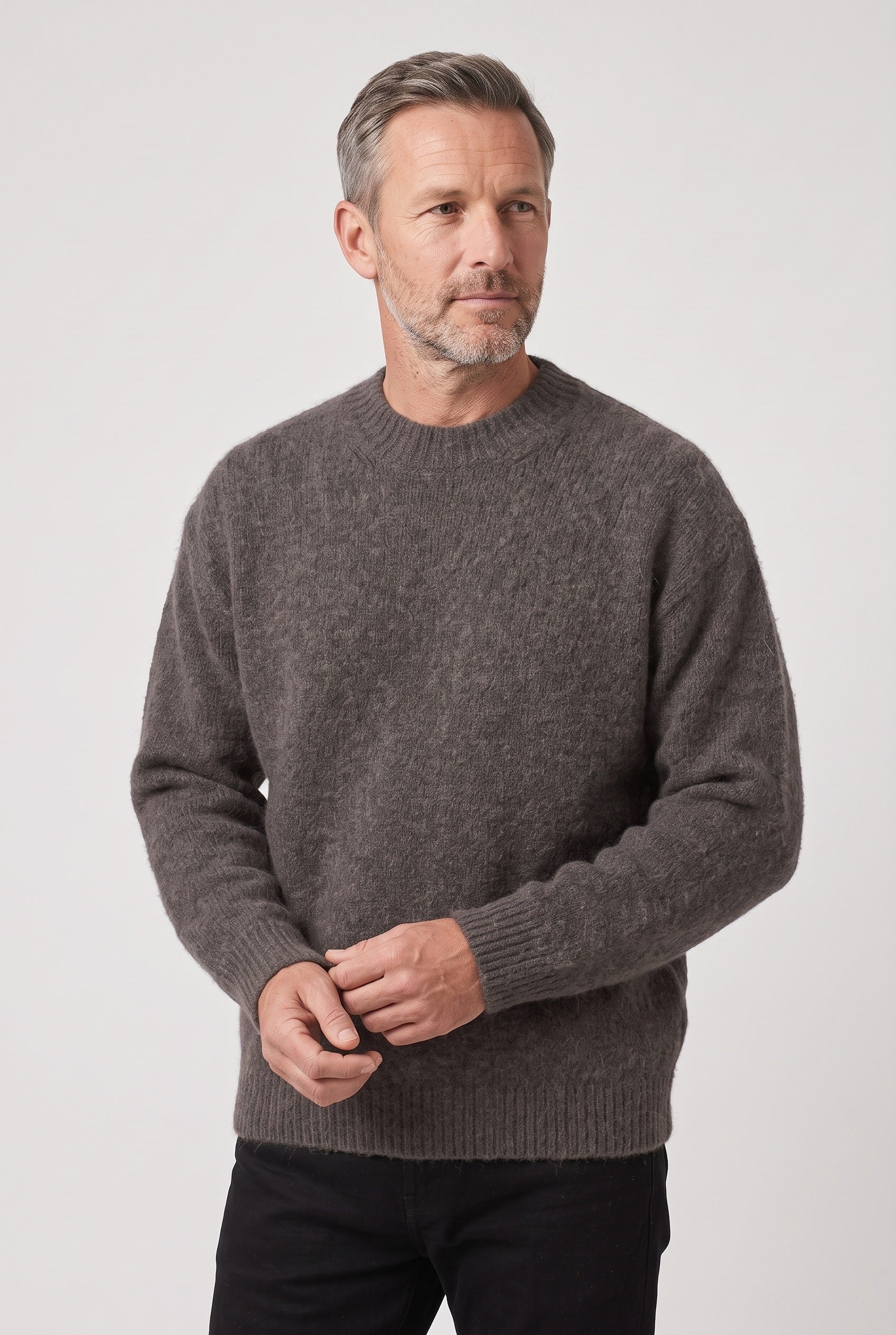 Men's Knitted Jumper | Crew Neck Textured - Light Taupe