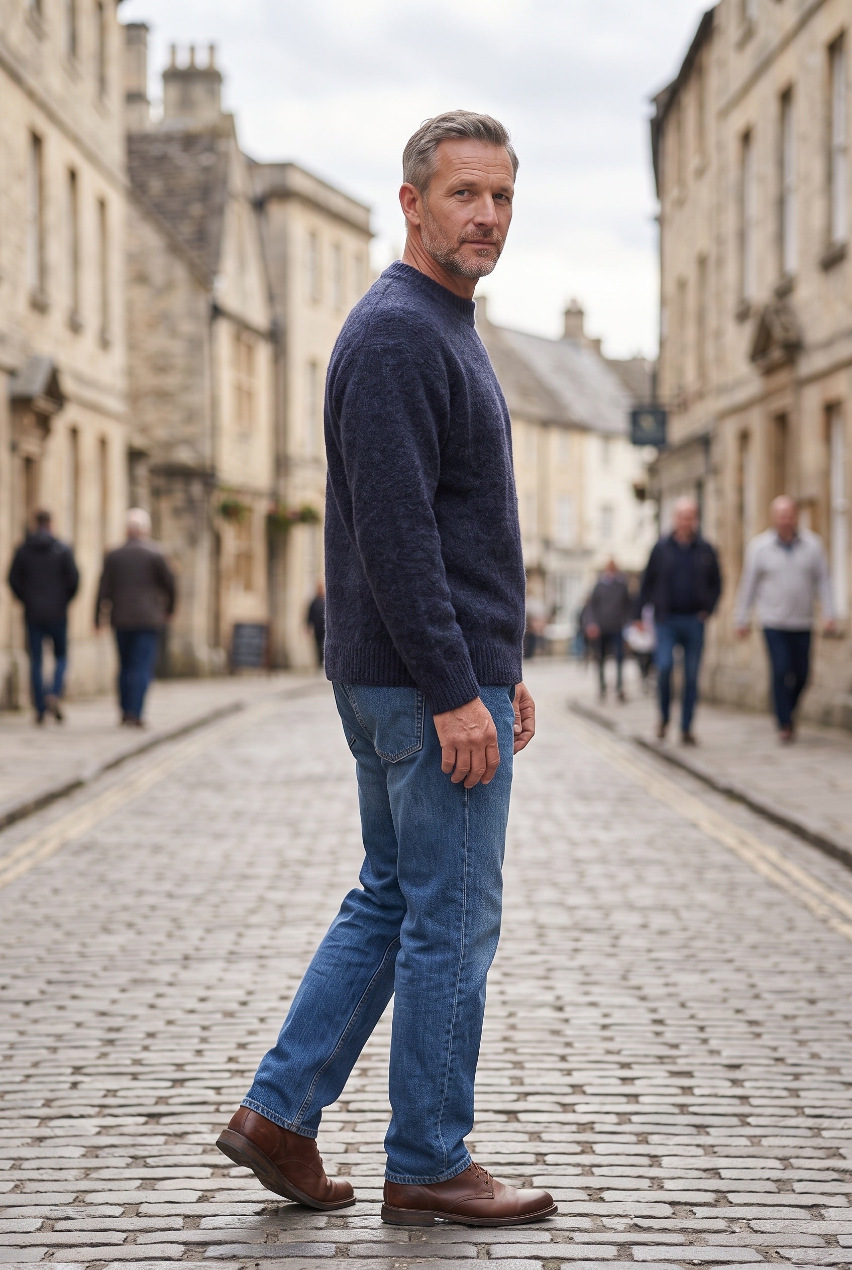 Men's Knitted Jumper | Crew Neck Textured - Navy Blue lifestyle