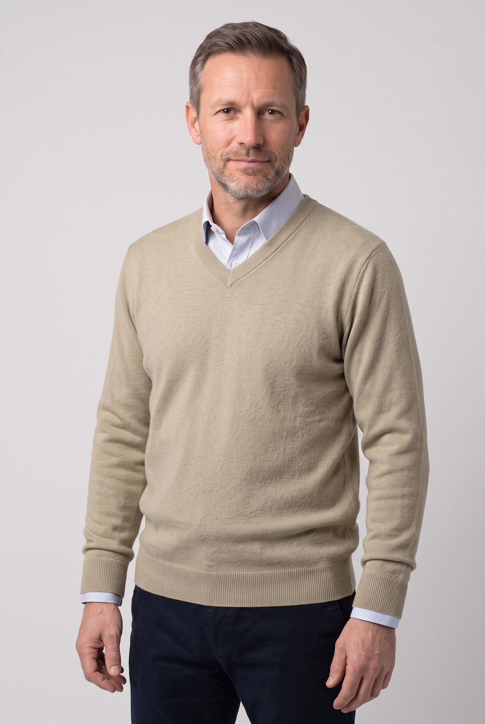 Men's Knitted Jumper | Crew and V Neck - Beige - V-Neck