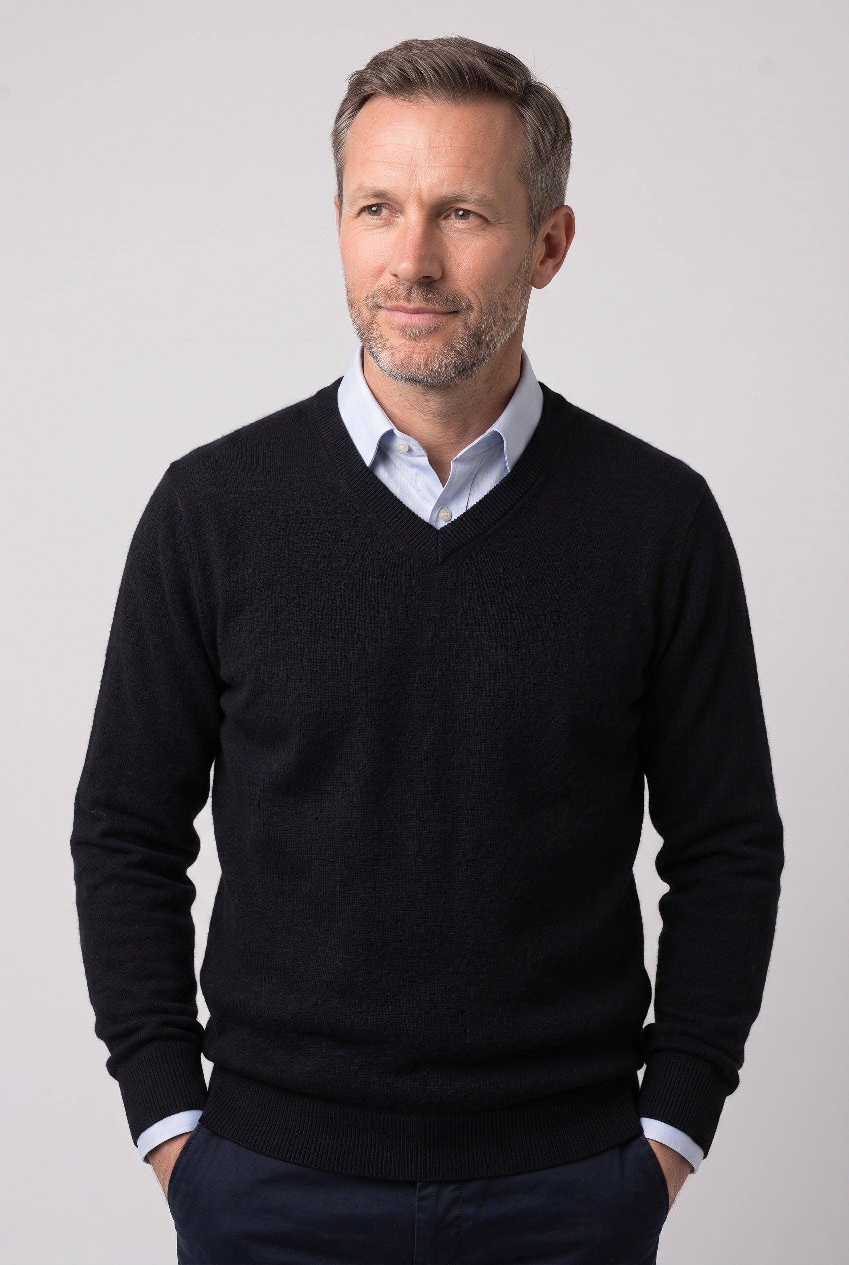 Men's Knitted Jumper | Crew and V Neck - Black - V-Neck