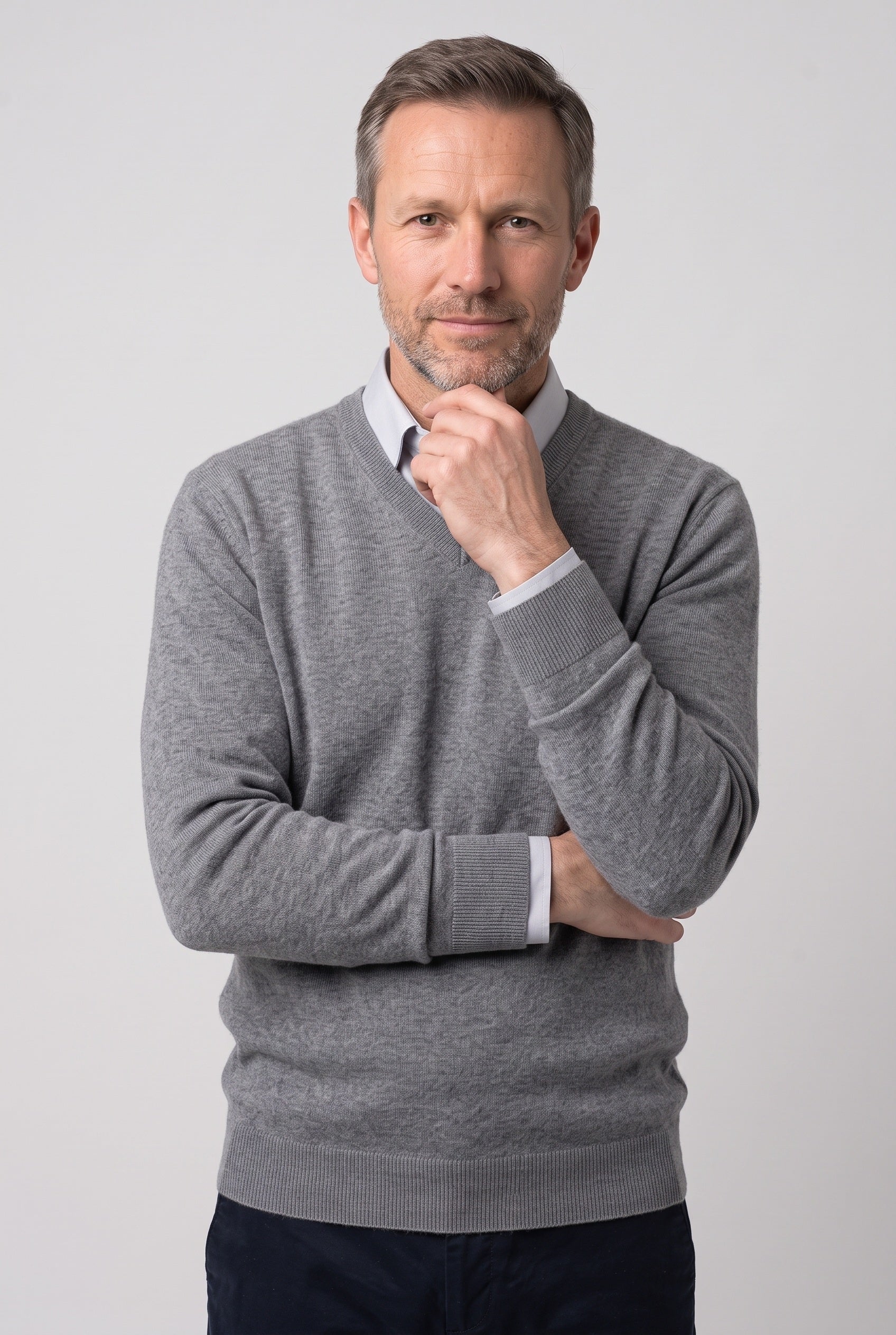 Men's Knitted Jumper | Crew and V Neck - Grey - V-Neck