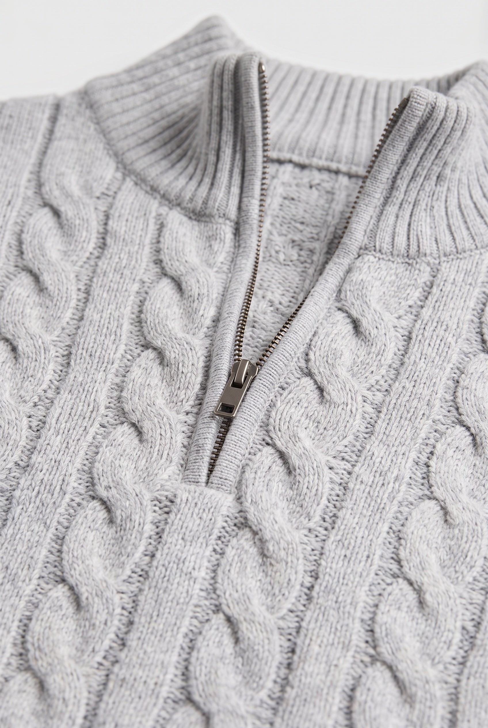 Men's Knitted Jumper | Half Zip Cable Knit - Grey detail