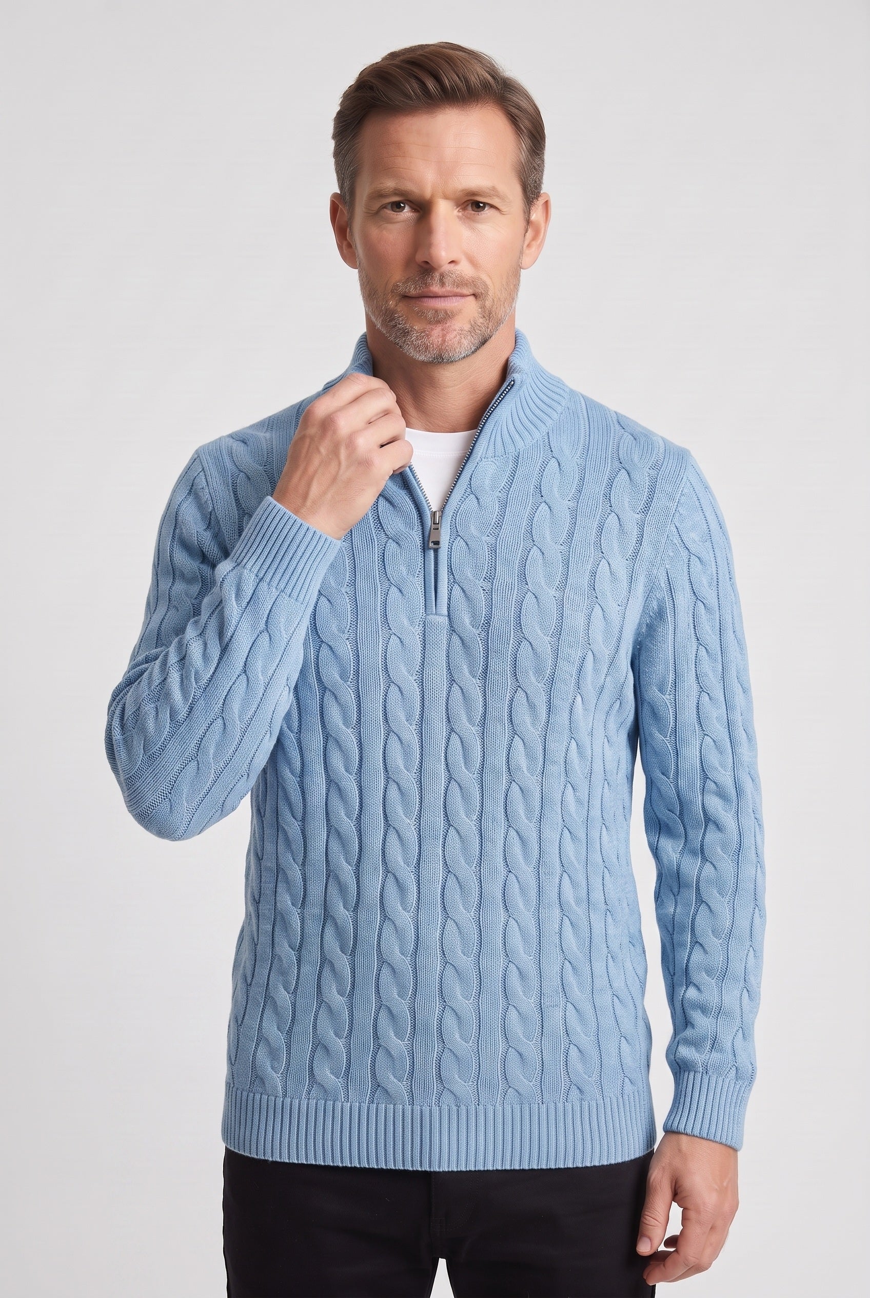 Men's Knitted Jumper | Half Zip Cable Knit - Light Blue