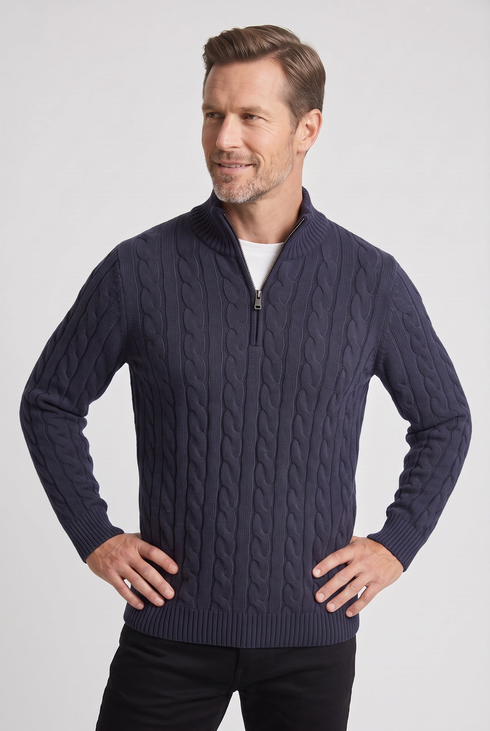 Men's Knitted Jumper | Half Zip Cable Knit - Navy Blue
