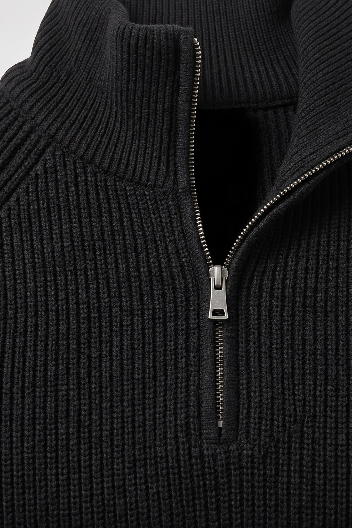 Men's Knitted Jumper | Quarter Zip Ribbed - Black detail
