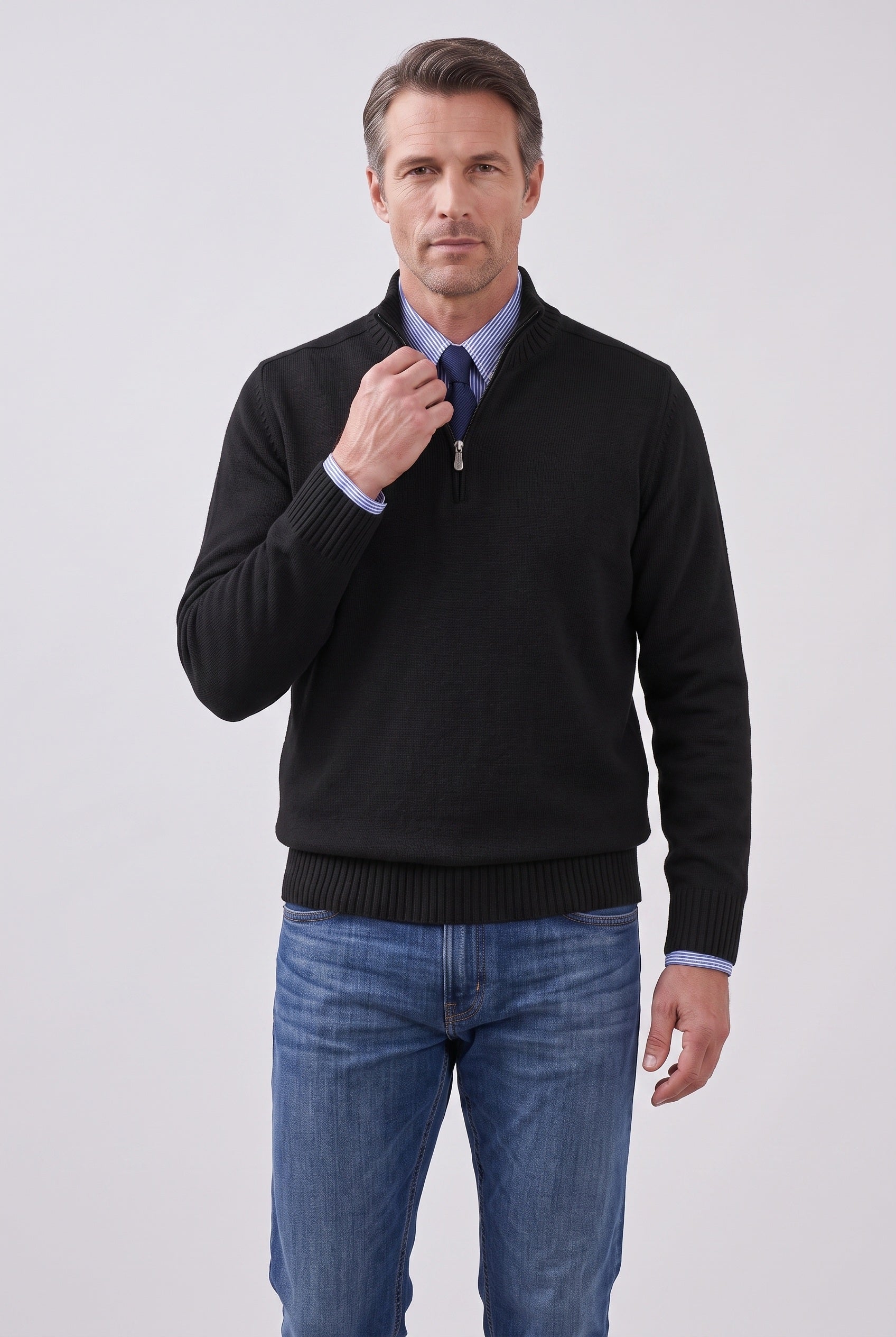 Men's Knitted Jumper | Quarter Zip Stand Collar - Black