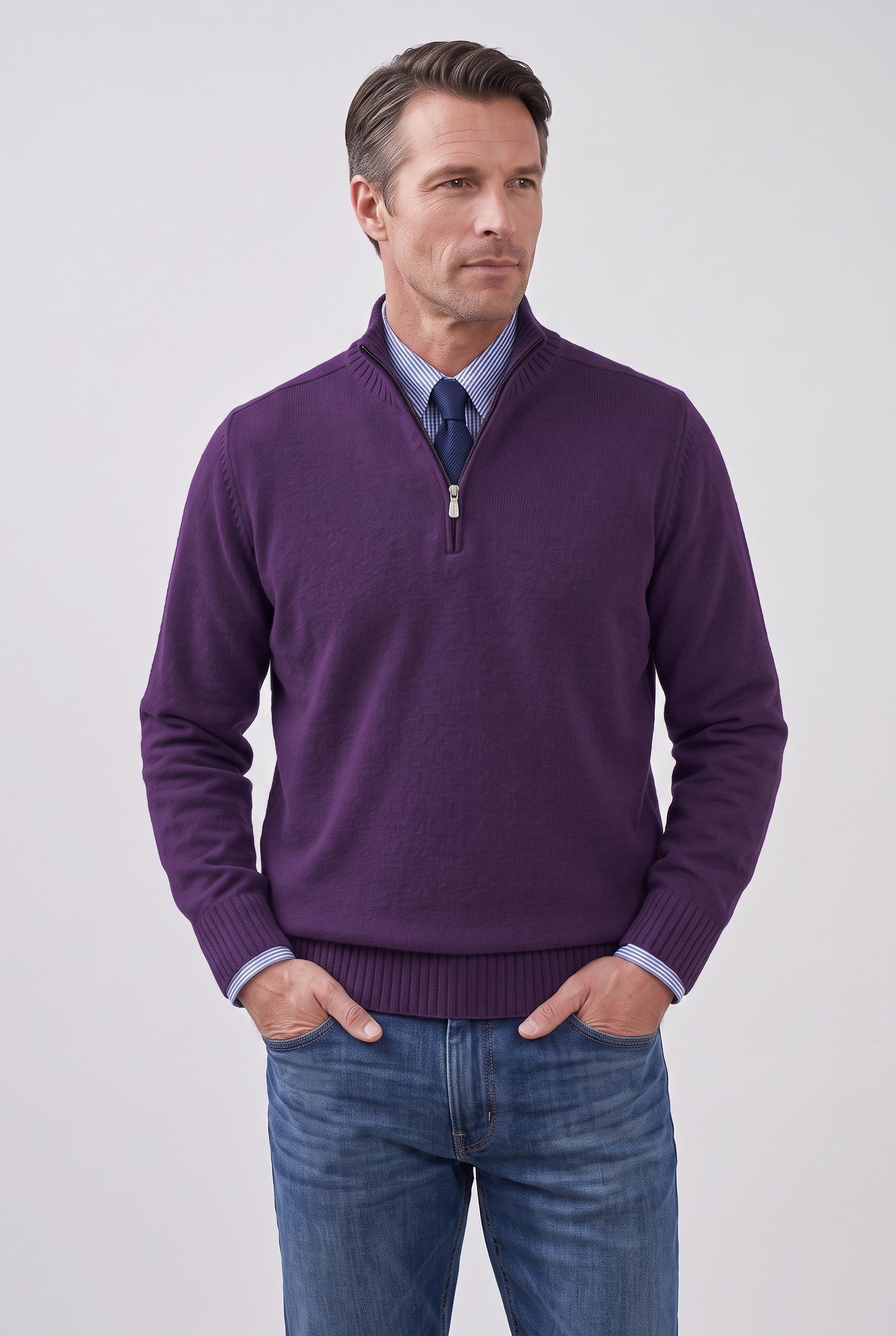 Men's Knitted Jumper | Quarter Zip Stand Collar - Dark Purple