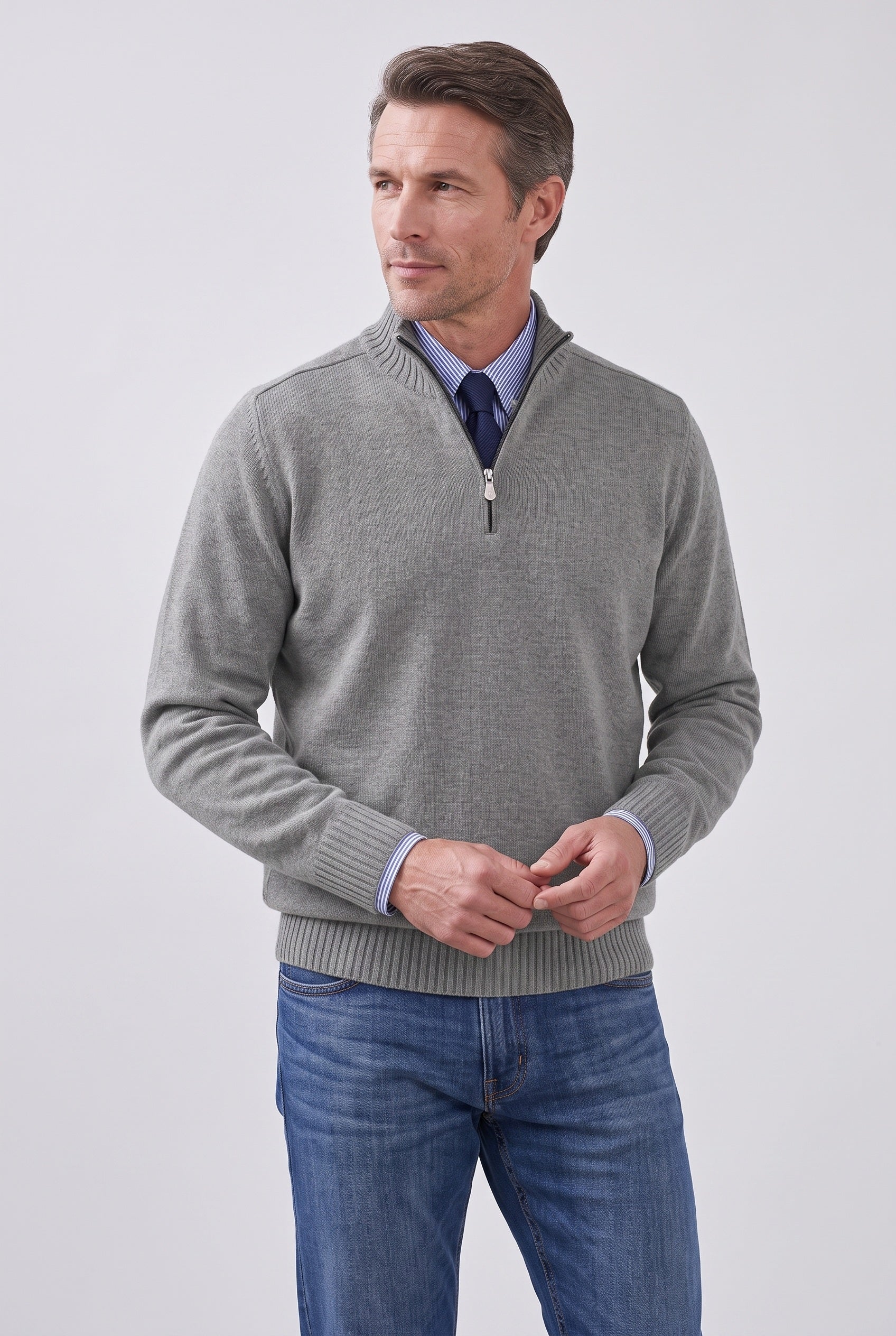 Men's Knitted Jumper | Quarter Zip Stand Collar - Grey