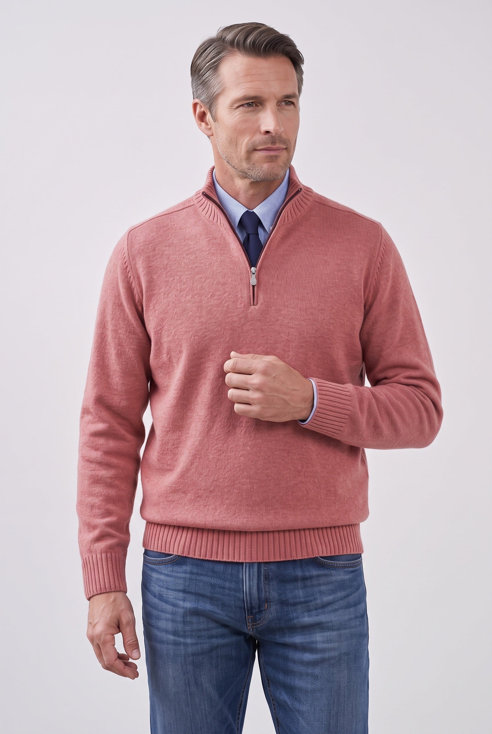 Men's Knitted Jumper | Quarter Zip Stand Collar - Pink