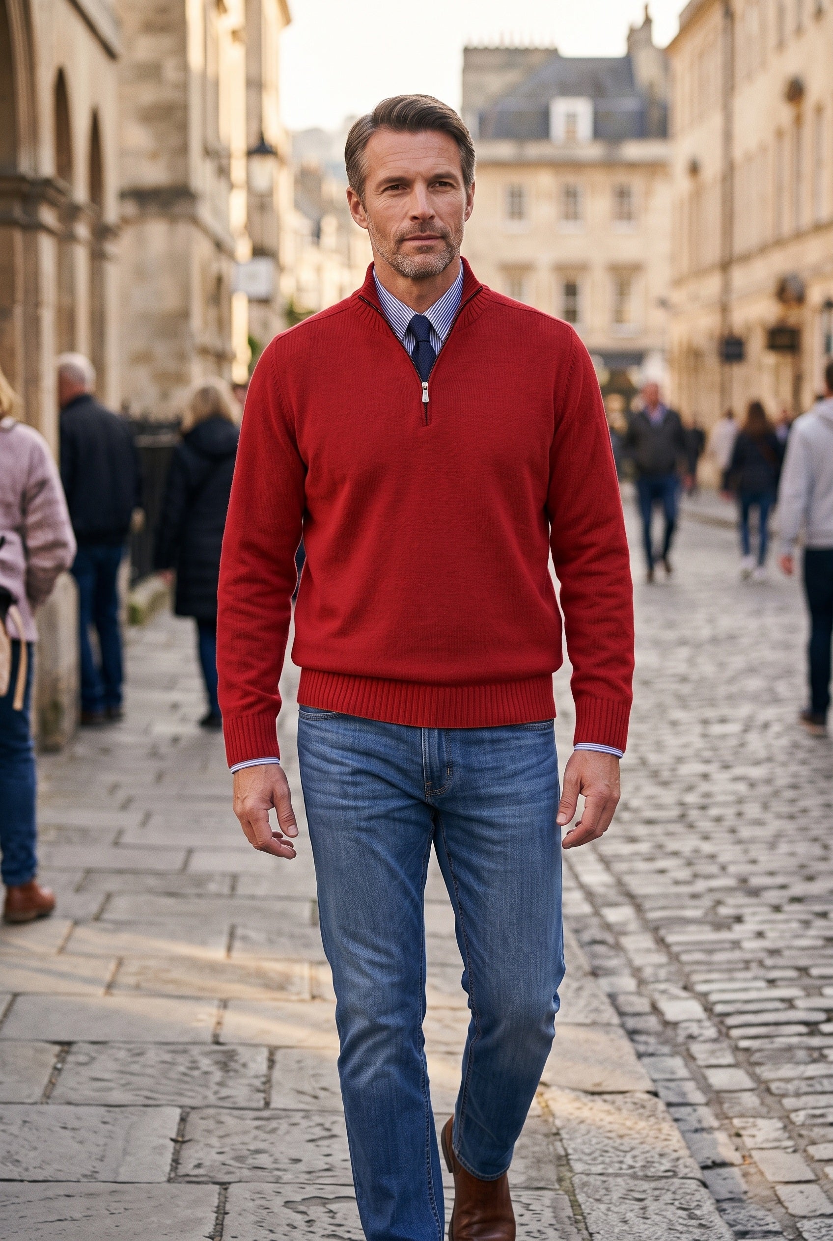 Men's Knitted Jumper | Quarter Zip Stand Collar - Red lifestyle
