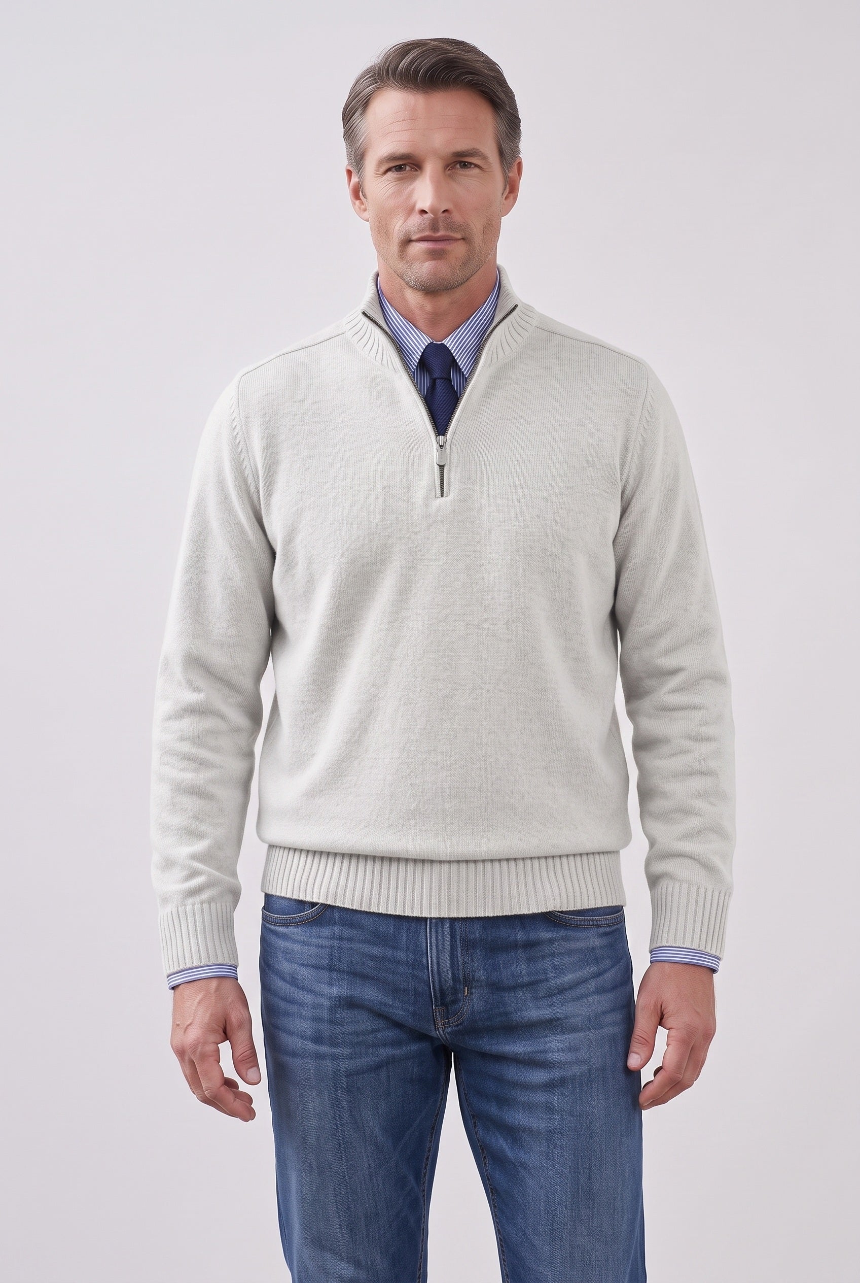 Men's Knitted Jumper | Quarter Zip Stand Collar - White