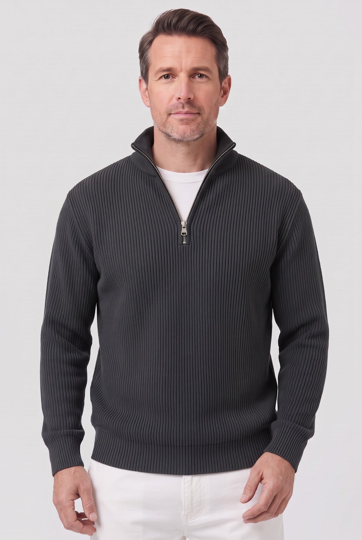 Men's Knitted Jumper | Ribbed Quarter-Zip - Black