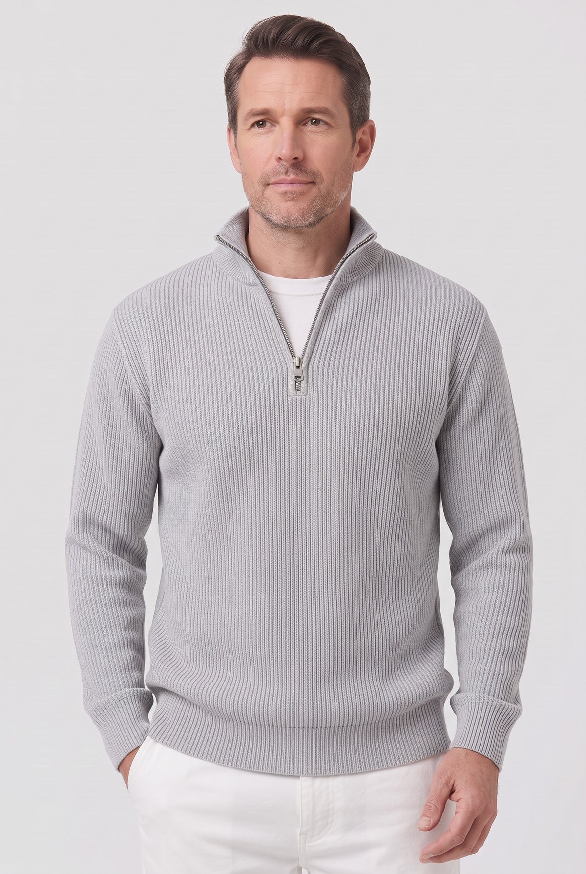 Men's Knitted Jumper | Ribbed Quarter-Zip - Grey