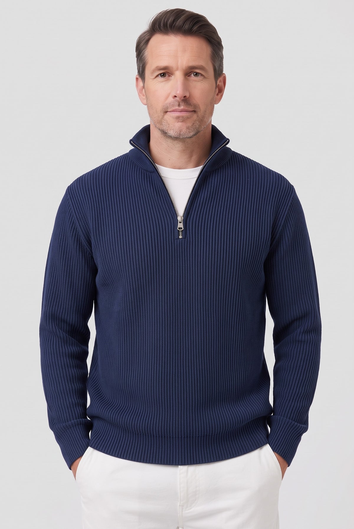 Men's Knitted Jumper | Ribbed Quarter-Zip - Navy