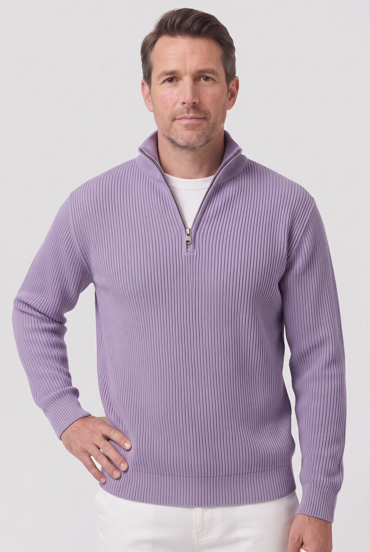 Men's Knitted Jumper | Ribbed Quarter-Zip - Purple