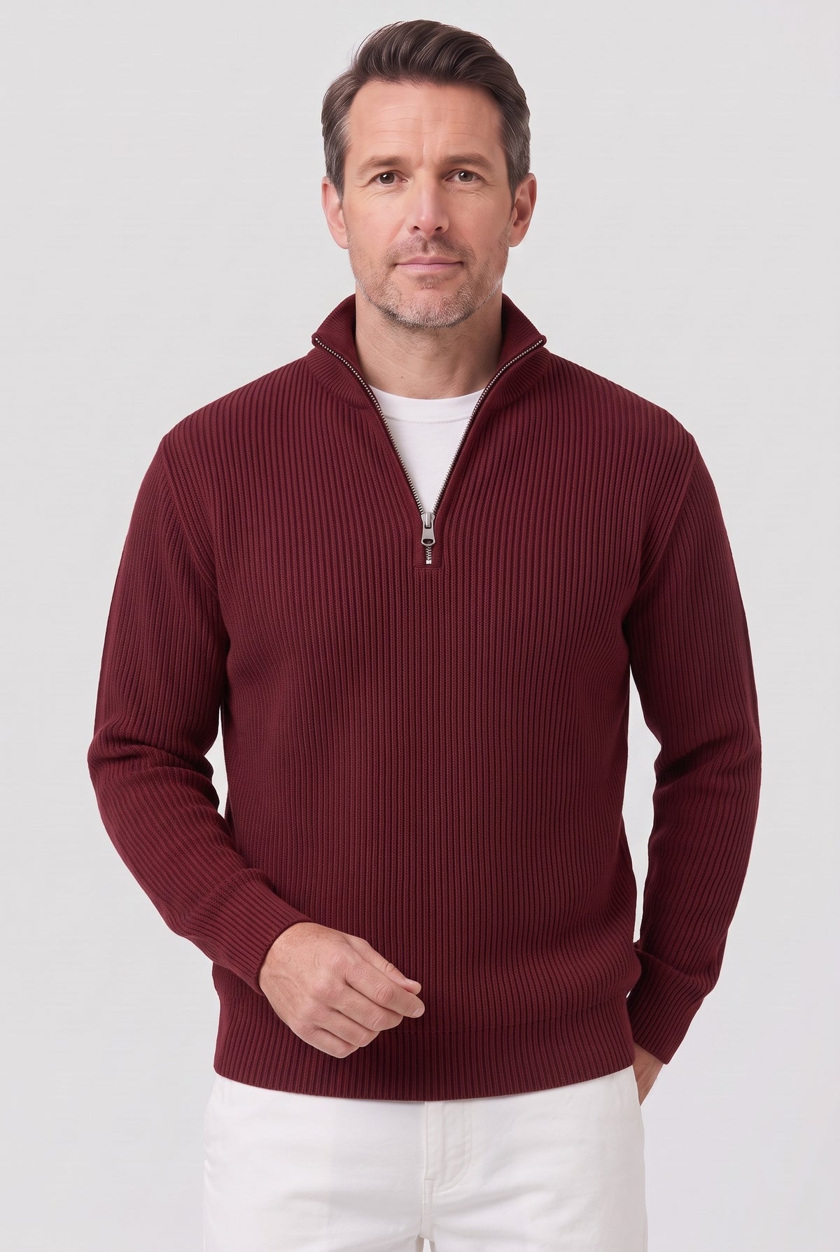 Men's Knitted Jumper | Ribbed Quarter-Zip - Red