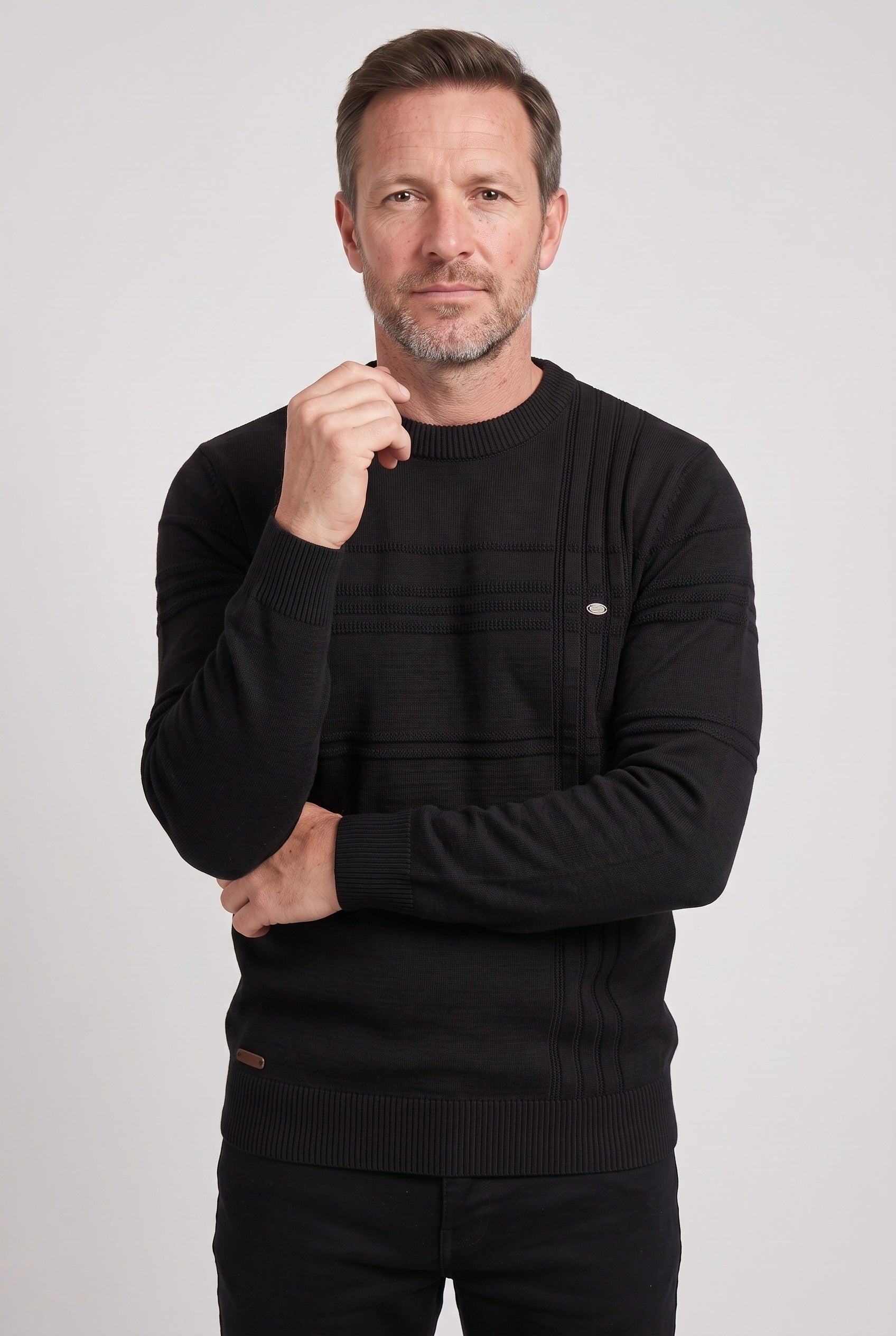 Men's Knitted Jumper | Striped Crew Neck - Black