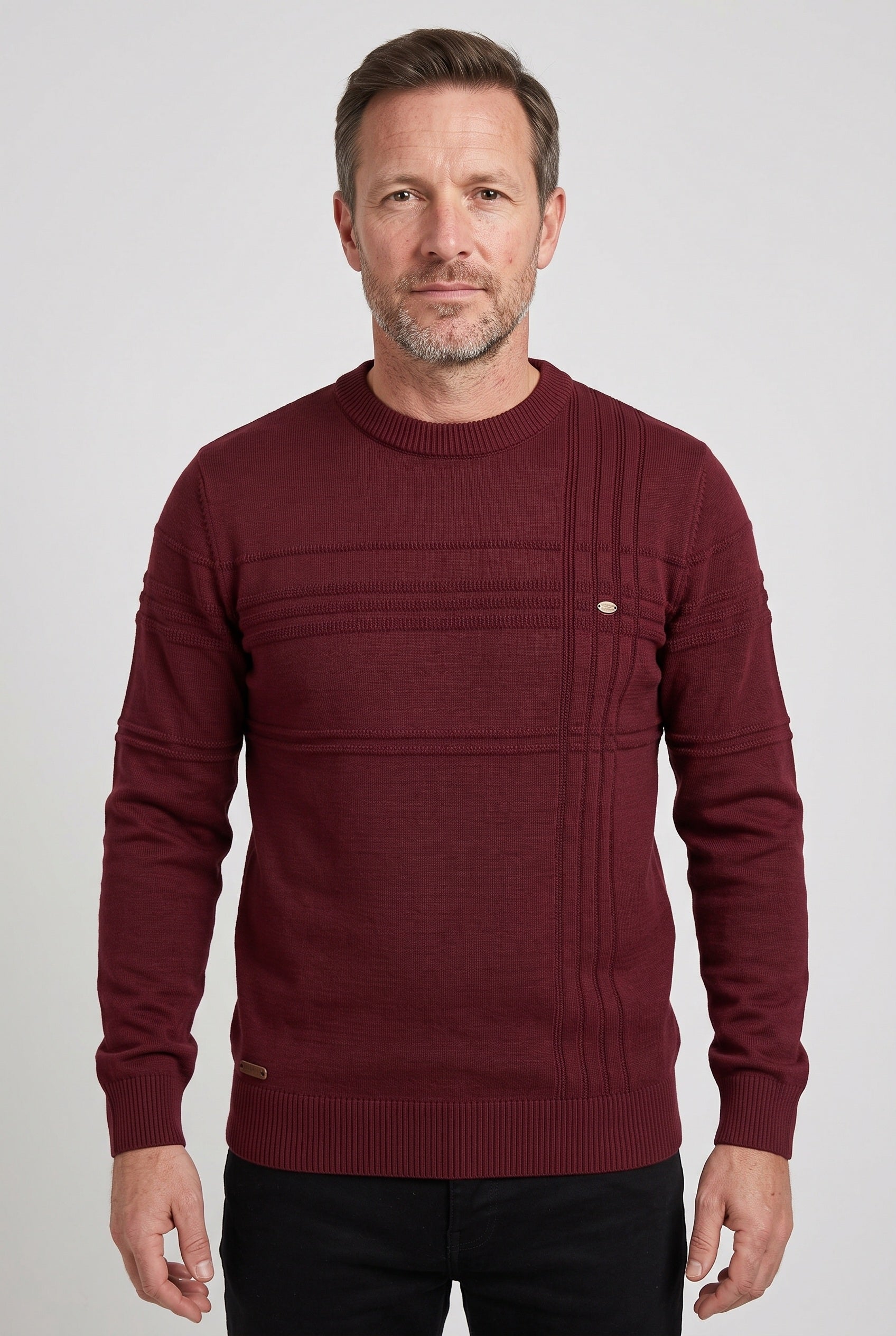 Men's Knitted Jumper | Striped Crew Neck - Burgundy