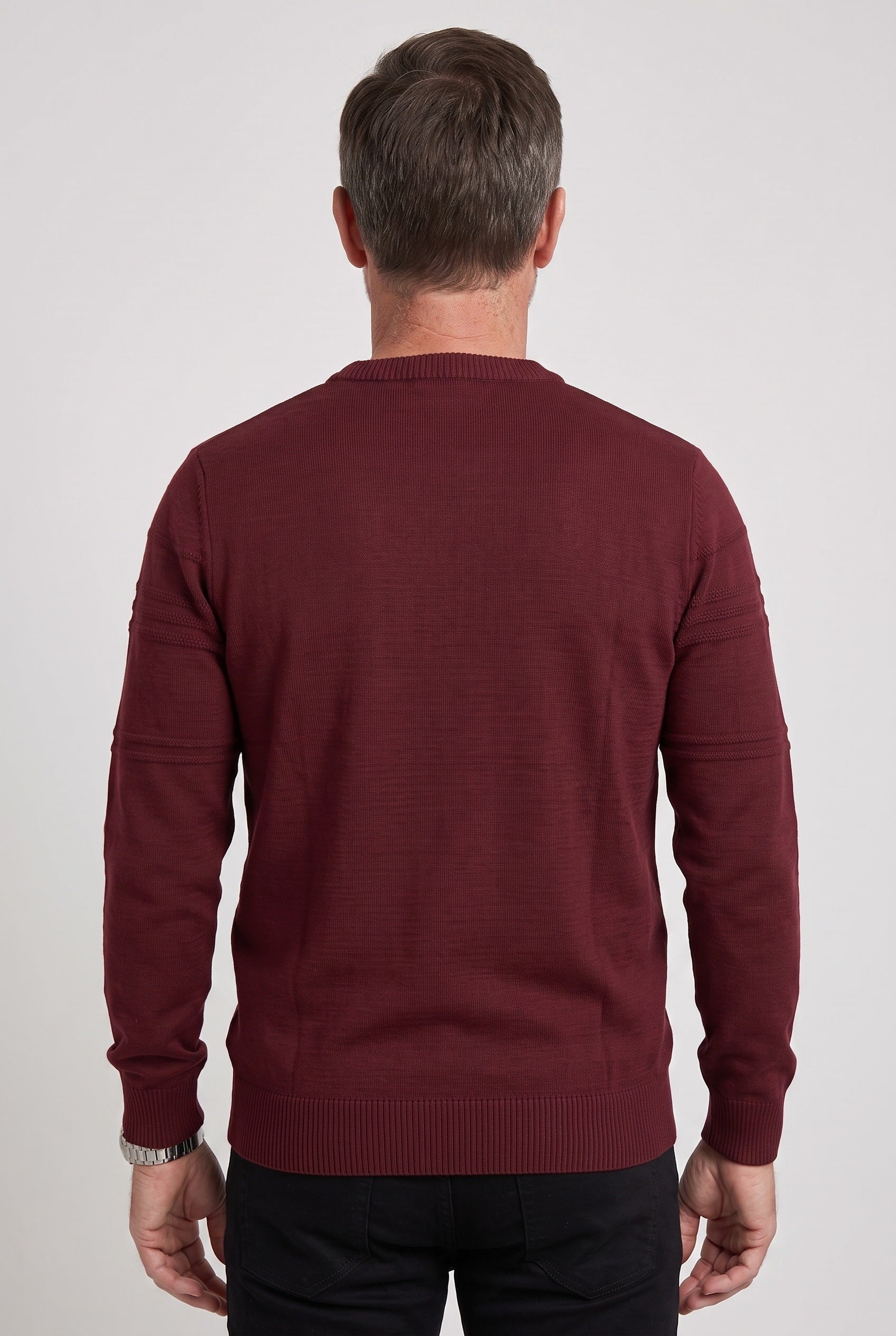 Men's Knitted Jumper | Striped Crew Neck - Burgundy back