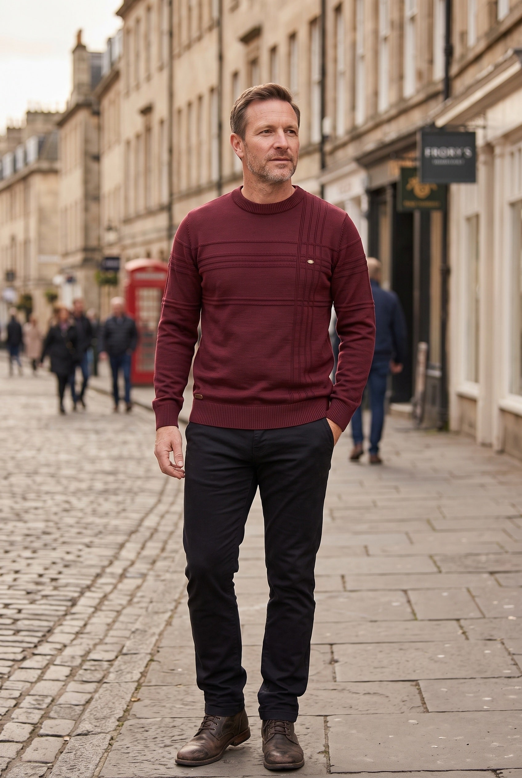Men's Knitted Jumper | Striped Crew Neck - Burgundy lifestyle