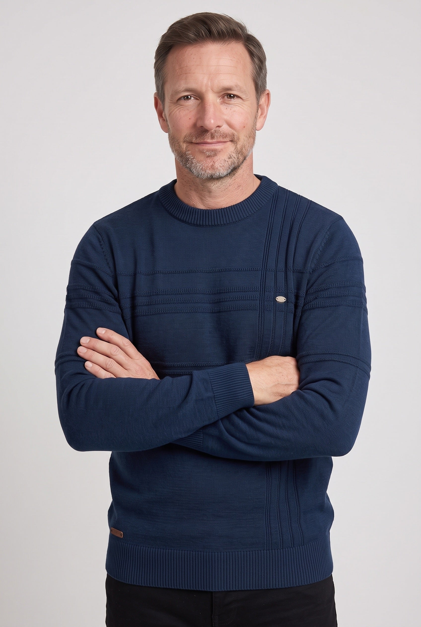 Men's Knitted Jumper | Striped Crew Neck - Dark Blue