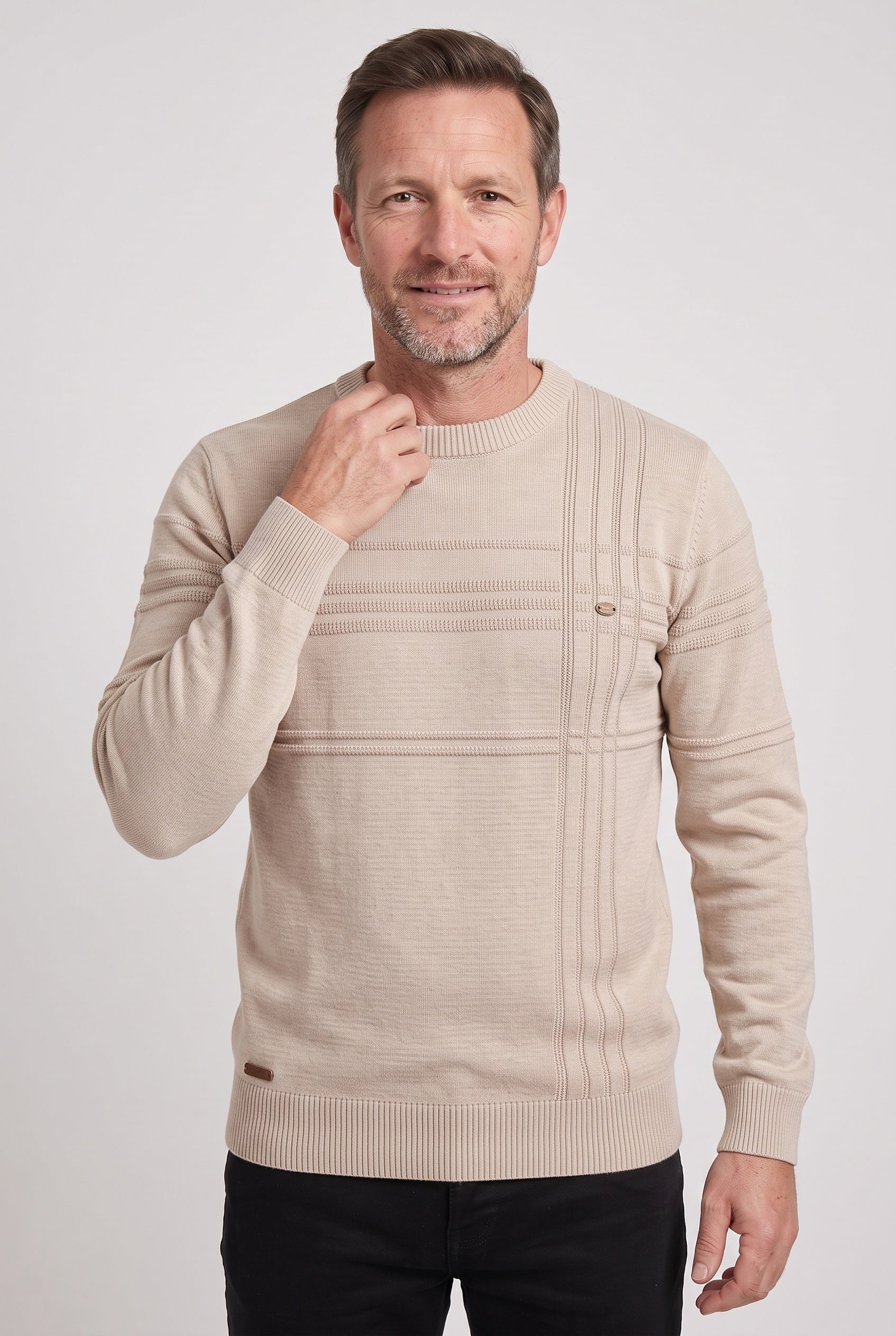 Men's Knitted Jumper | Striped Crew Neck - Khaki