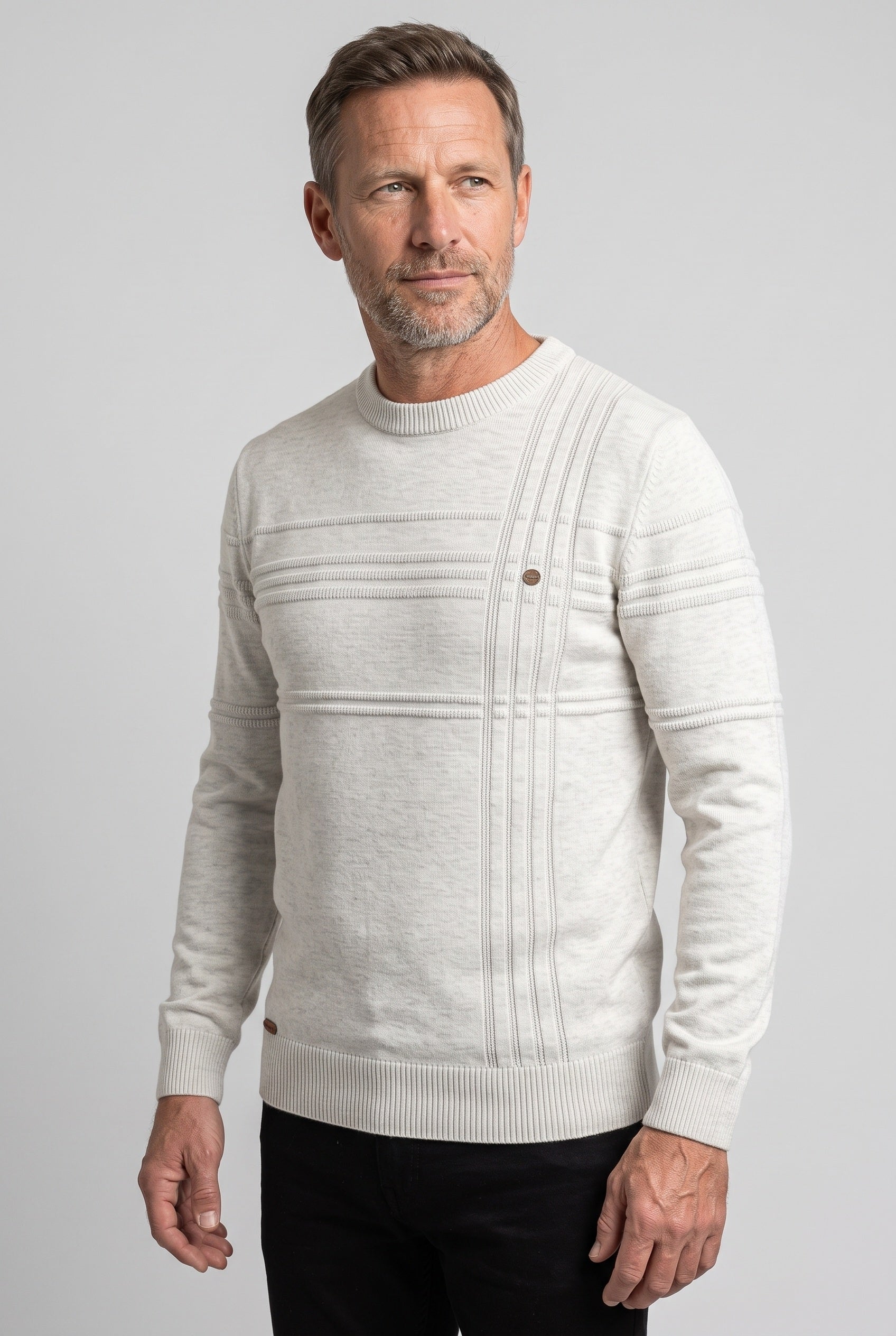 Men's Knitted Jumper | Striped Crew Neck - White