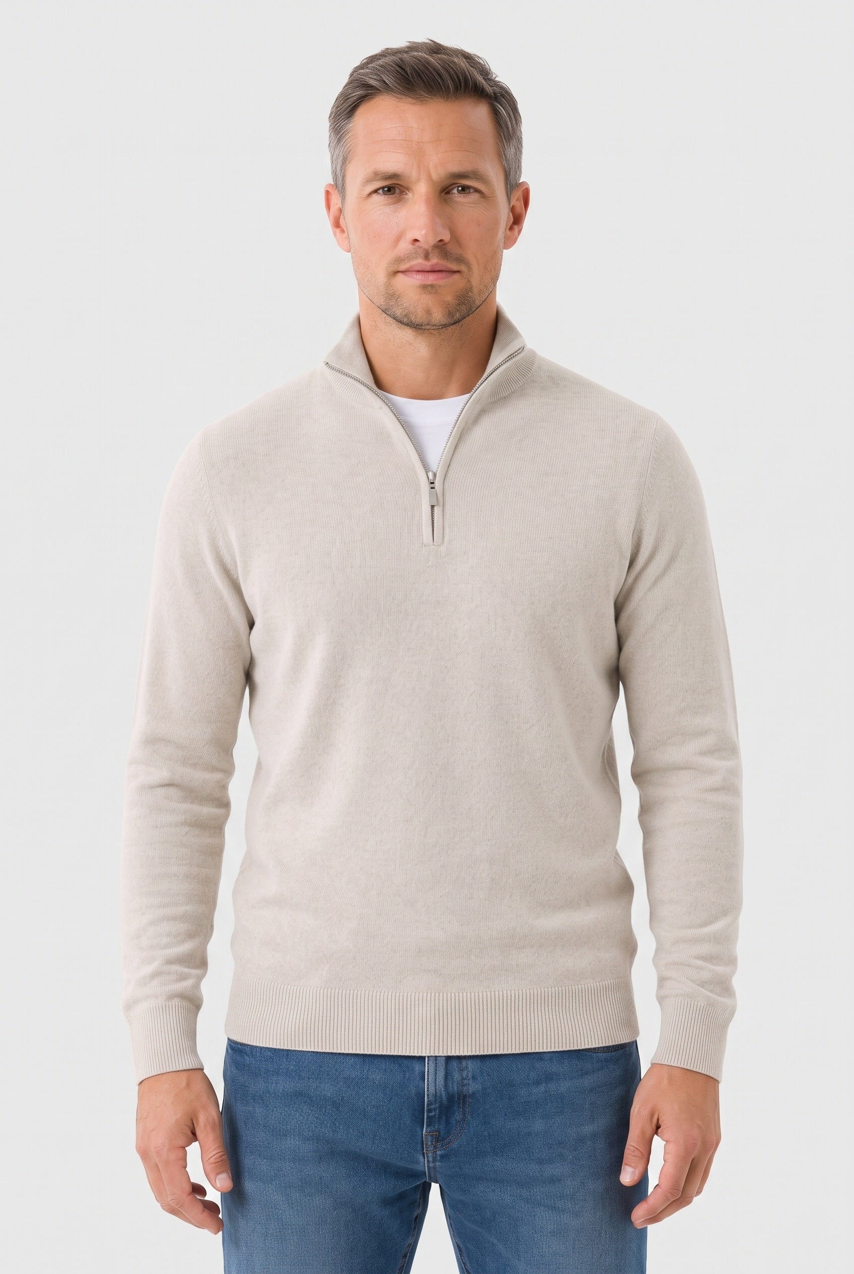 Men's Knitted Jumper | Zip Funnel Neck - Beige