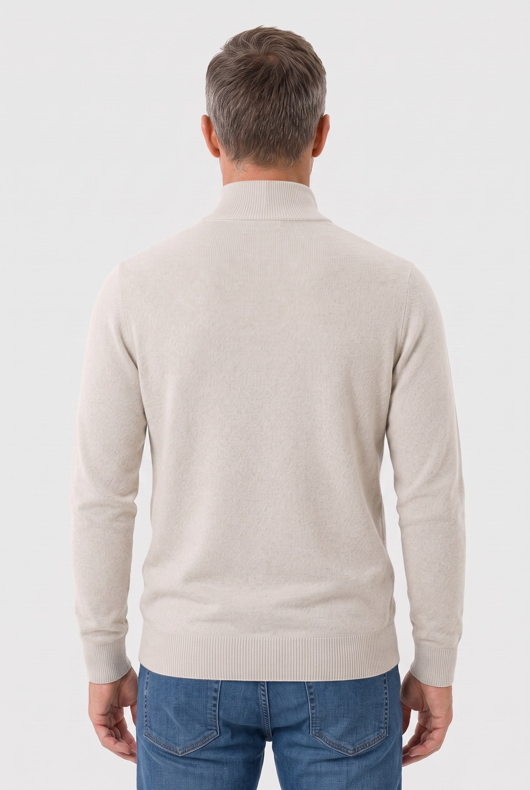 Men's Knitted Jumper | Zip Funnel Neck - Beige back