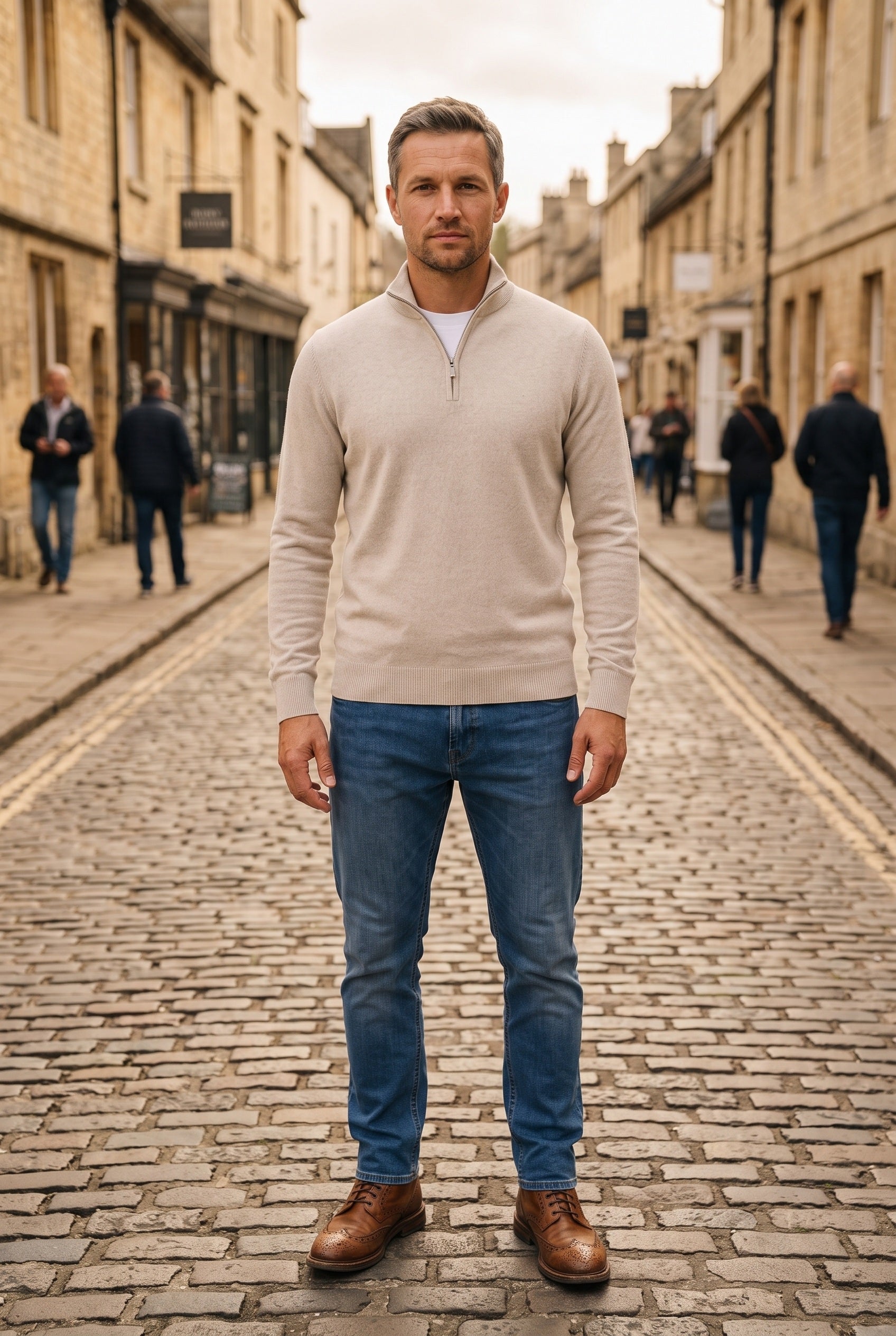 Men's Knitted Jumper | Zip Funnel Neck - Beige lifestyle
