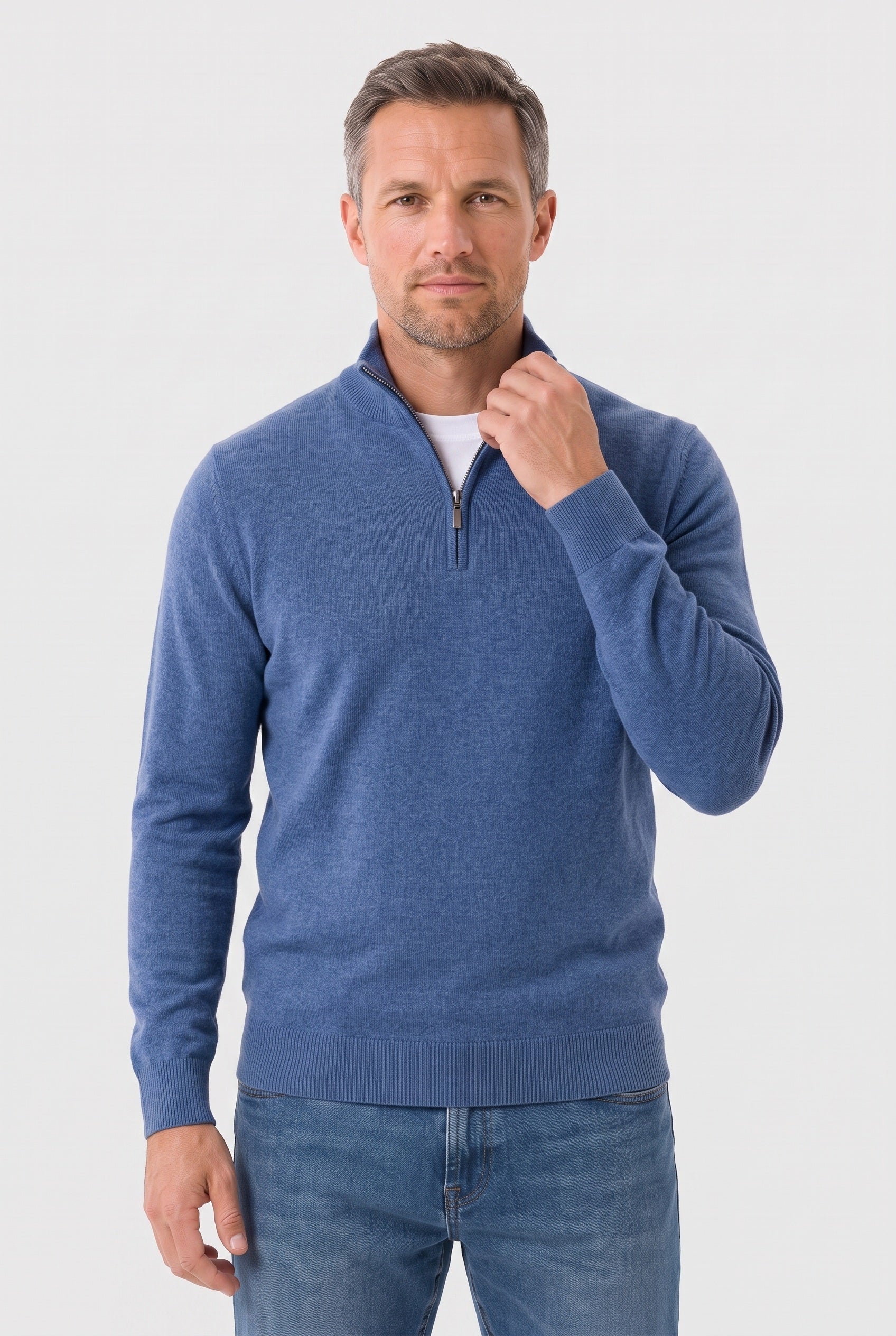 Men's Knitted Jumper | Zip Funnel Neck - Blue