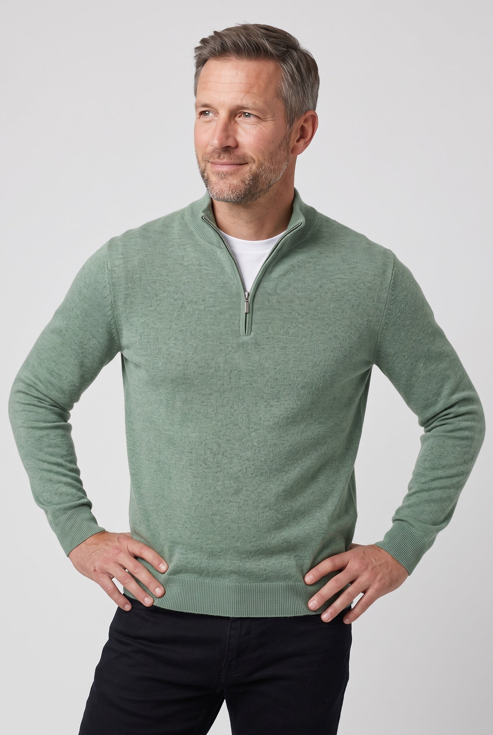 Men's Knitted Jumper | Zip Funnel Neck - Green