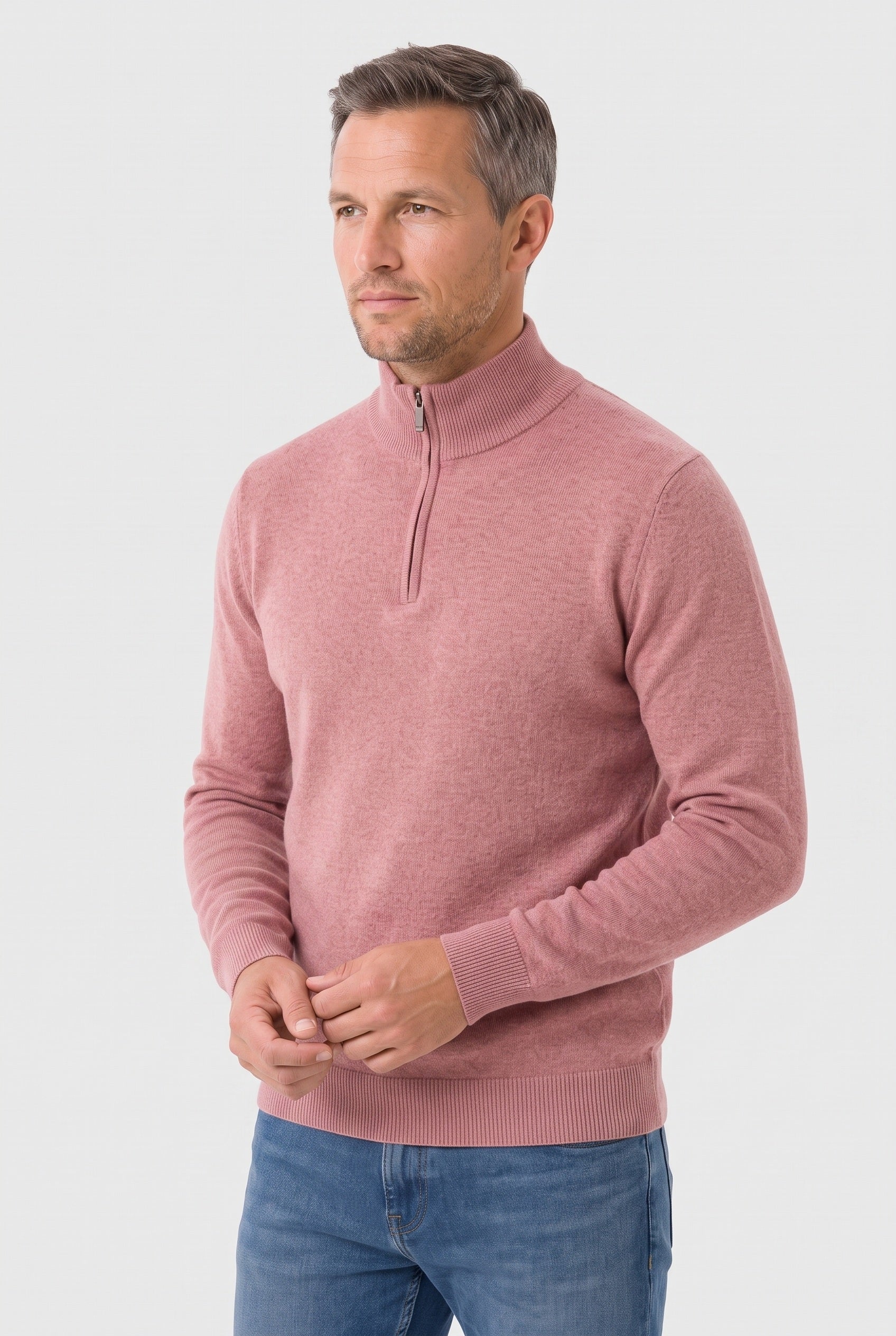 Men's Knitted Jumper | Zip Funnel Neck - Pink