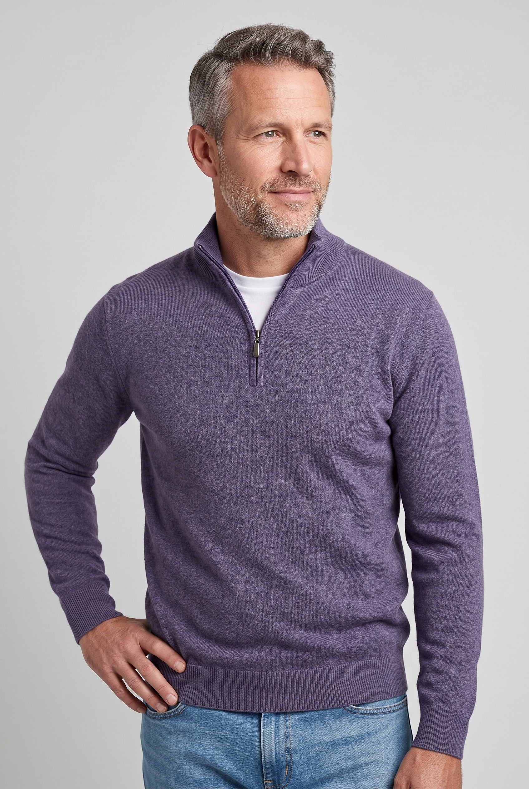 Men's Knitted Jumper | Zip Funnel Neck - Purple