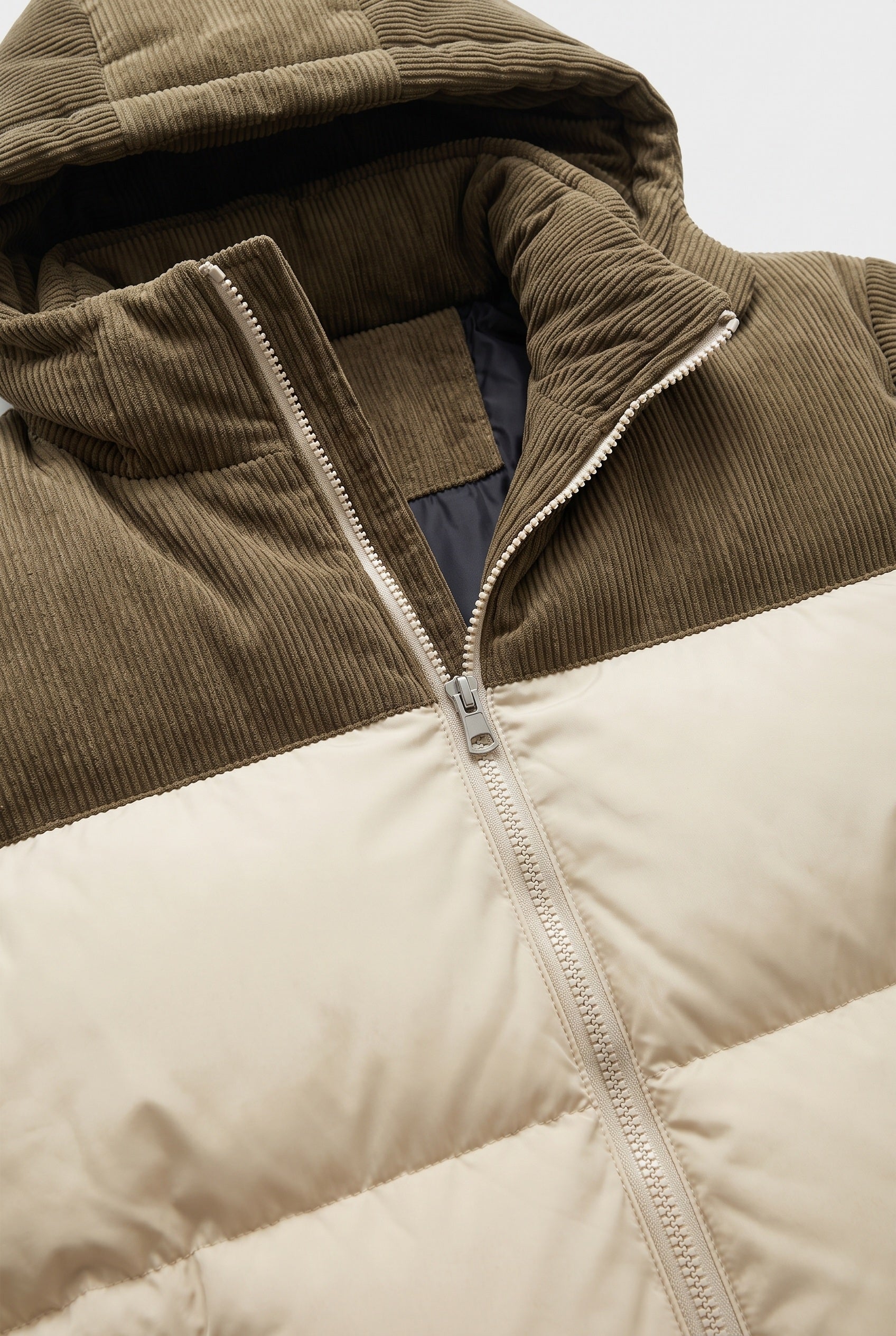 Men's Puffer Jacket | Hooded Colour-Block - Khaki detail