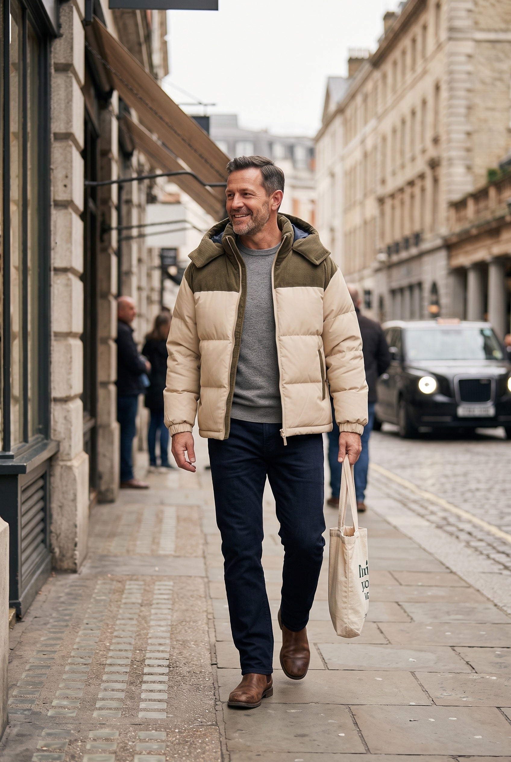 Men's Puffer Jacket | Hooded Colour-Block - Khaki lifestyle