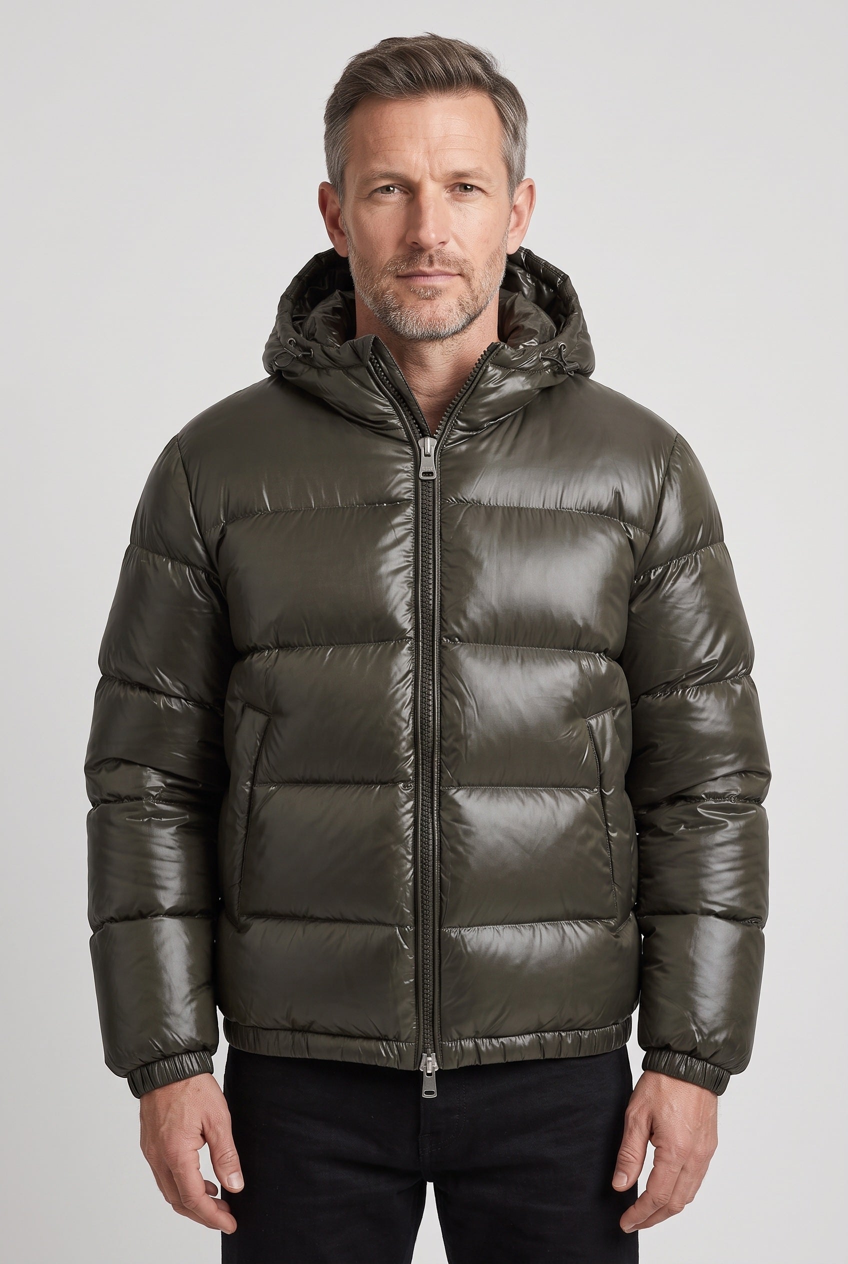 Men's Puffer Jacket | Hooded Zip-Front - Army Green