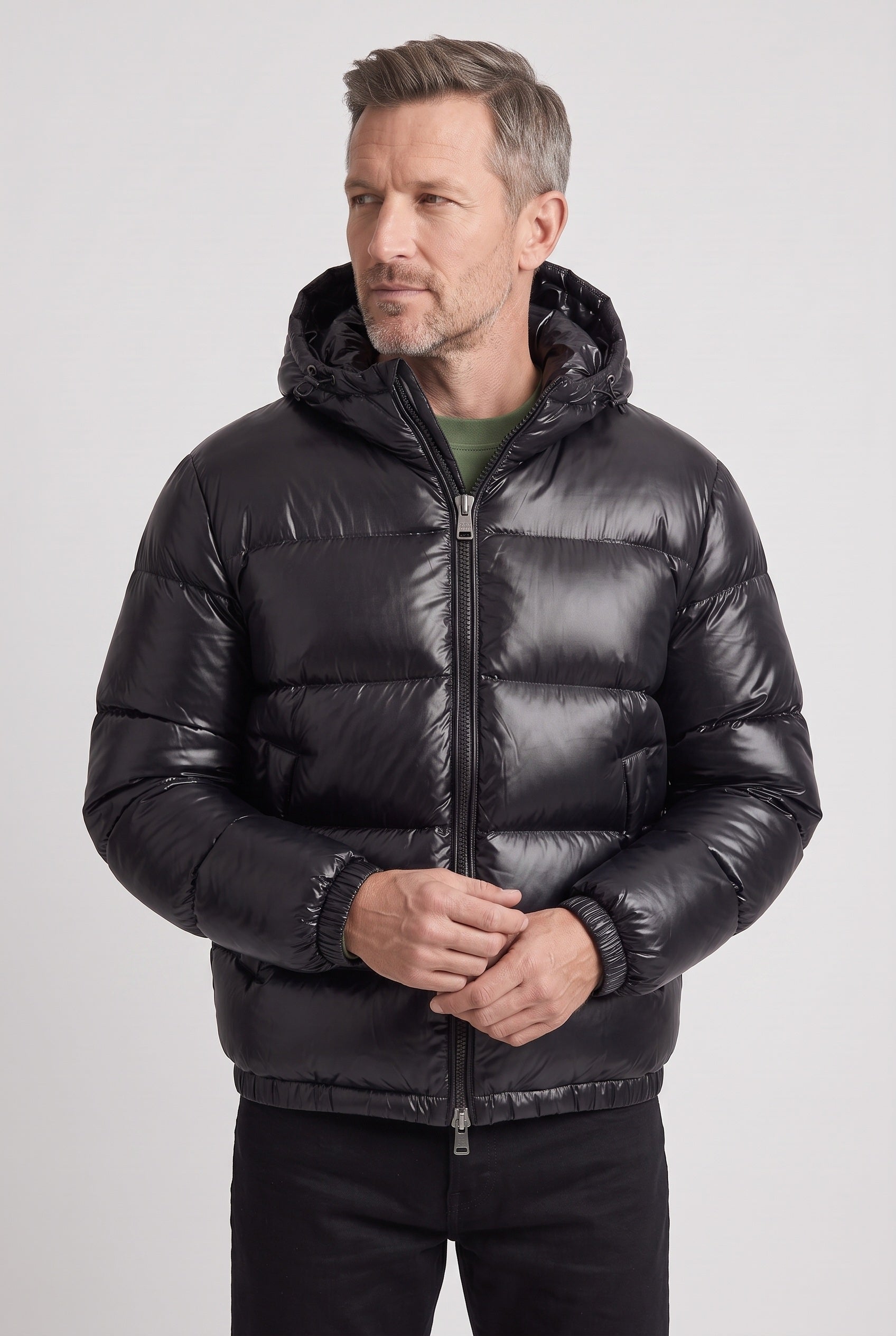 Men's Puffer Jacket | Hooded Zip-Front - Black