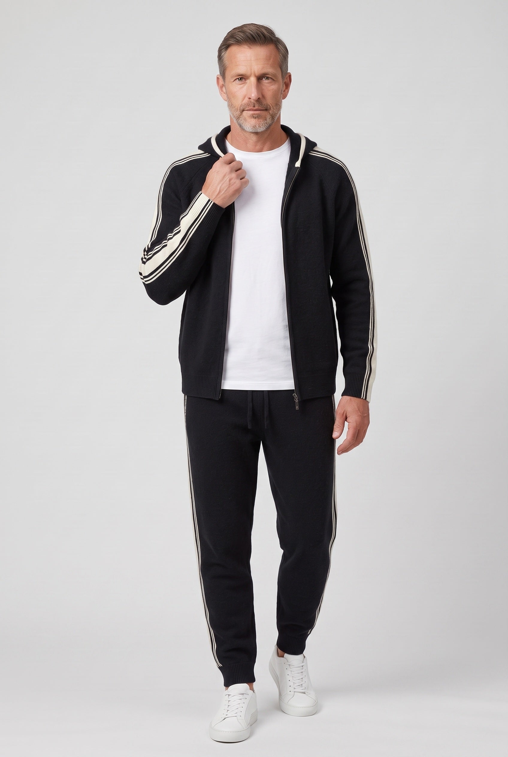 Men's Tracksuit | Knitted Side Stripe Set - Black