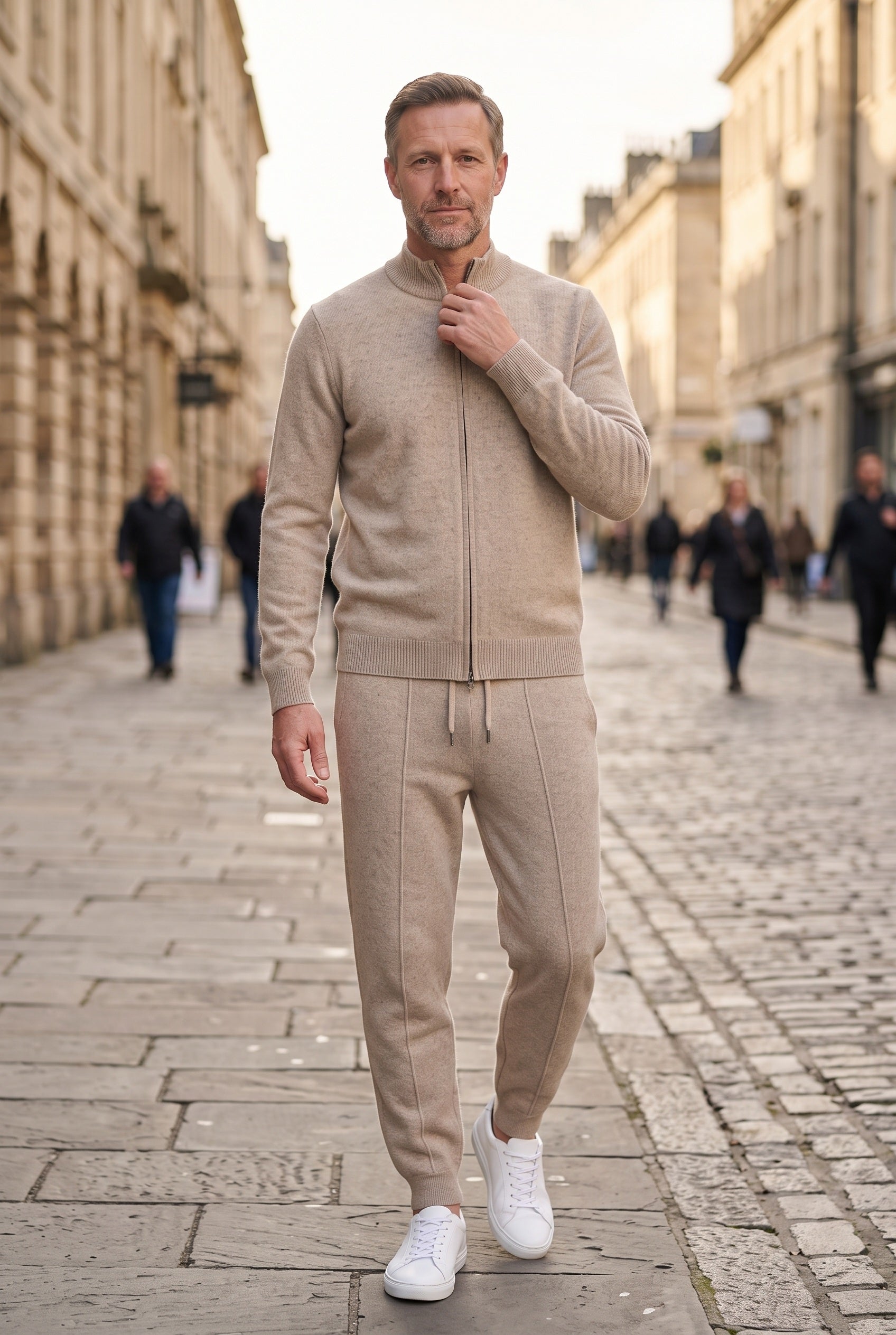 Men's Tracksuit | Knitted Zip Through Set - Beige lifestyle