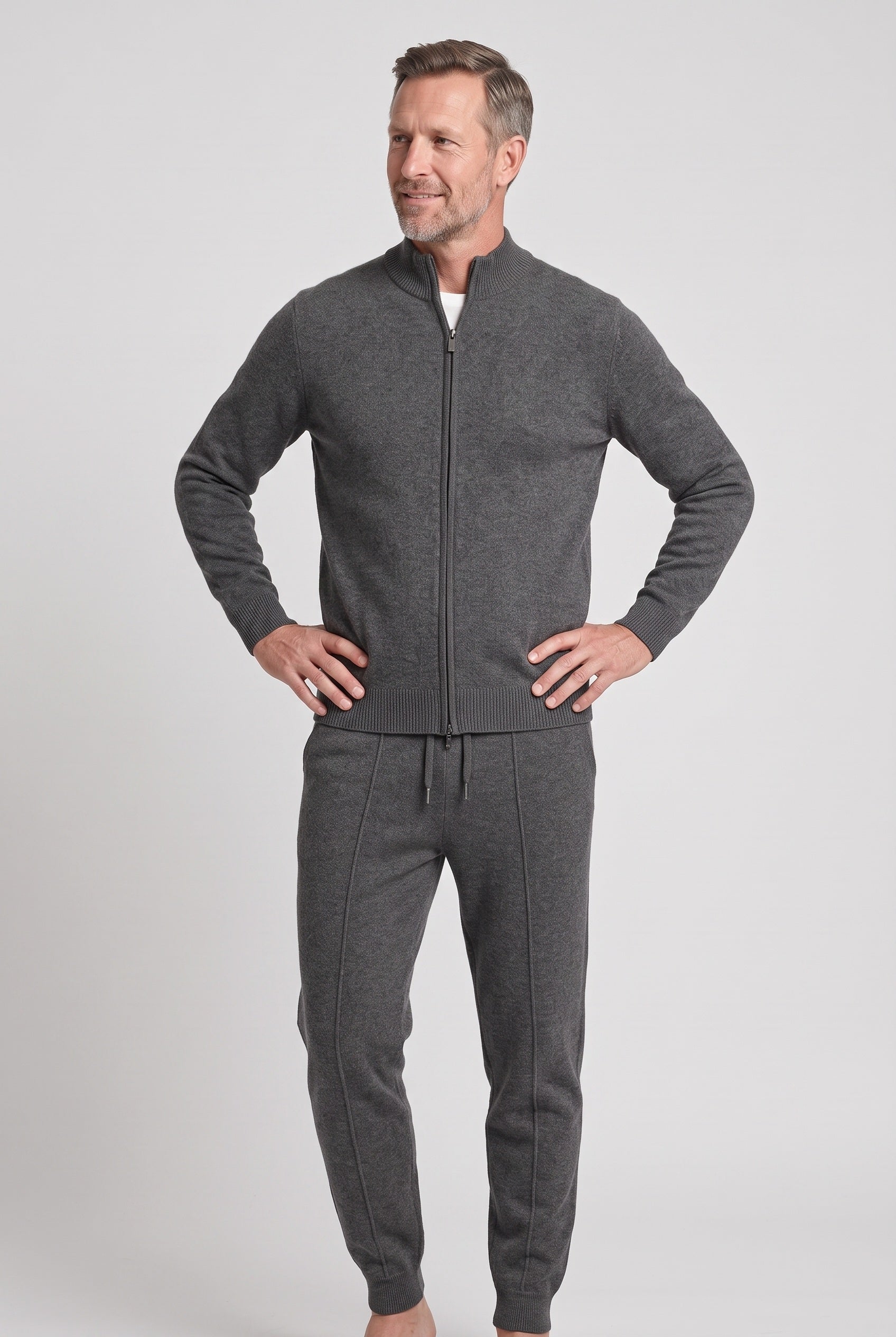 Men's Tracksuit | Knitted Zip Through Set - Dark Grey