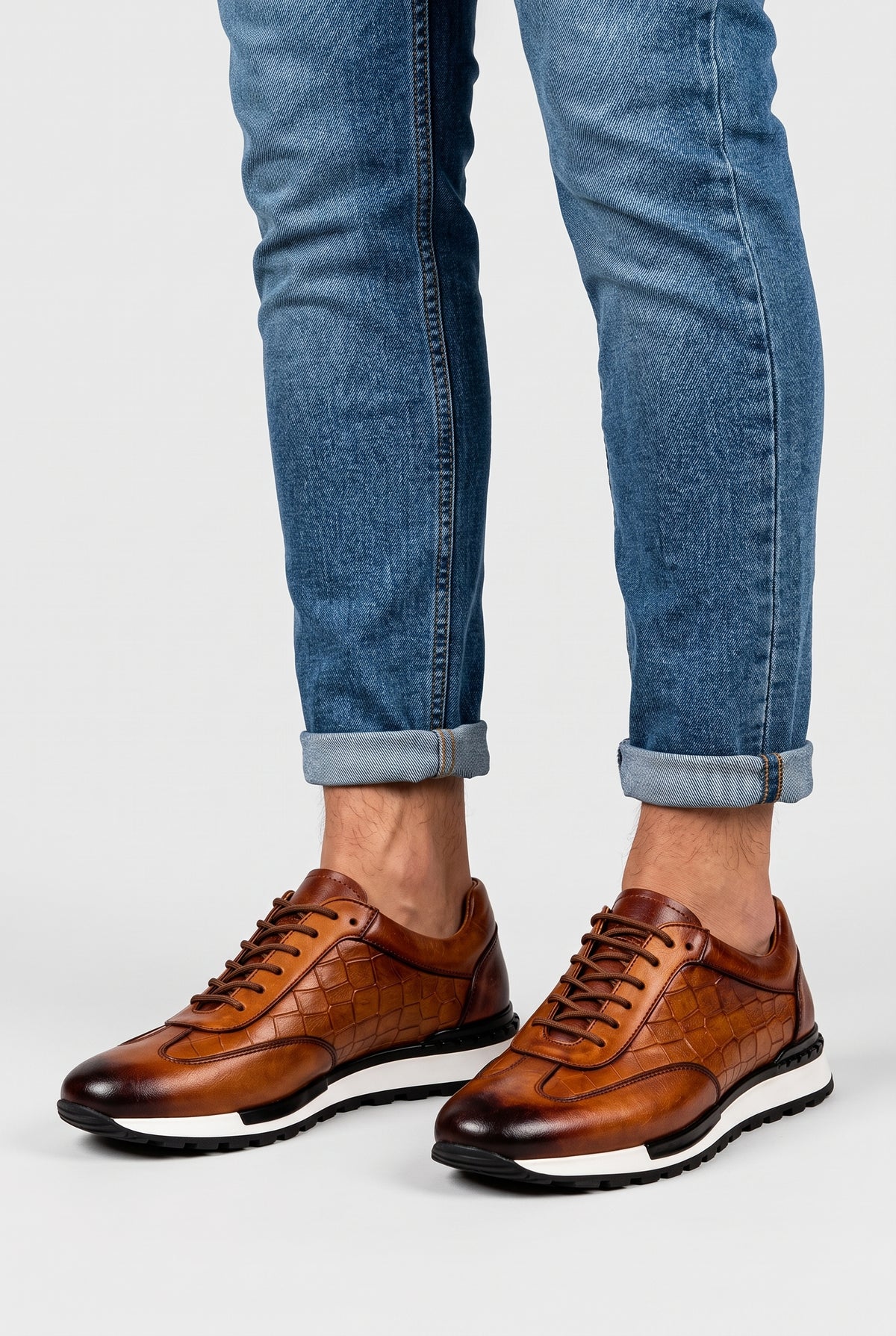 Men's Trainers | Croc-Effect Leather-Look - Brown Worn