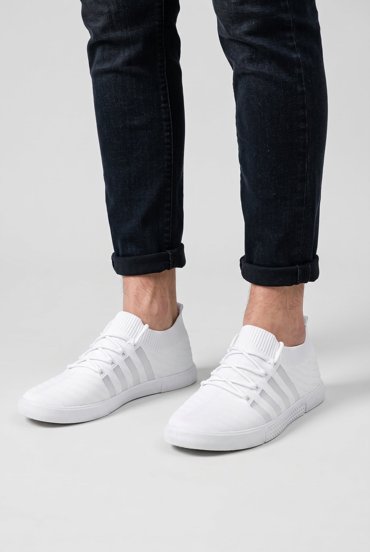 Men's Trainers | Lightweight Knit Lace-Up - White Worn