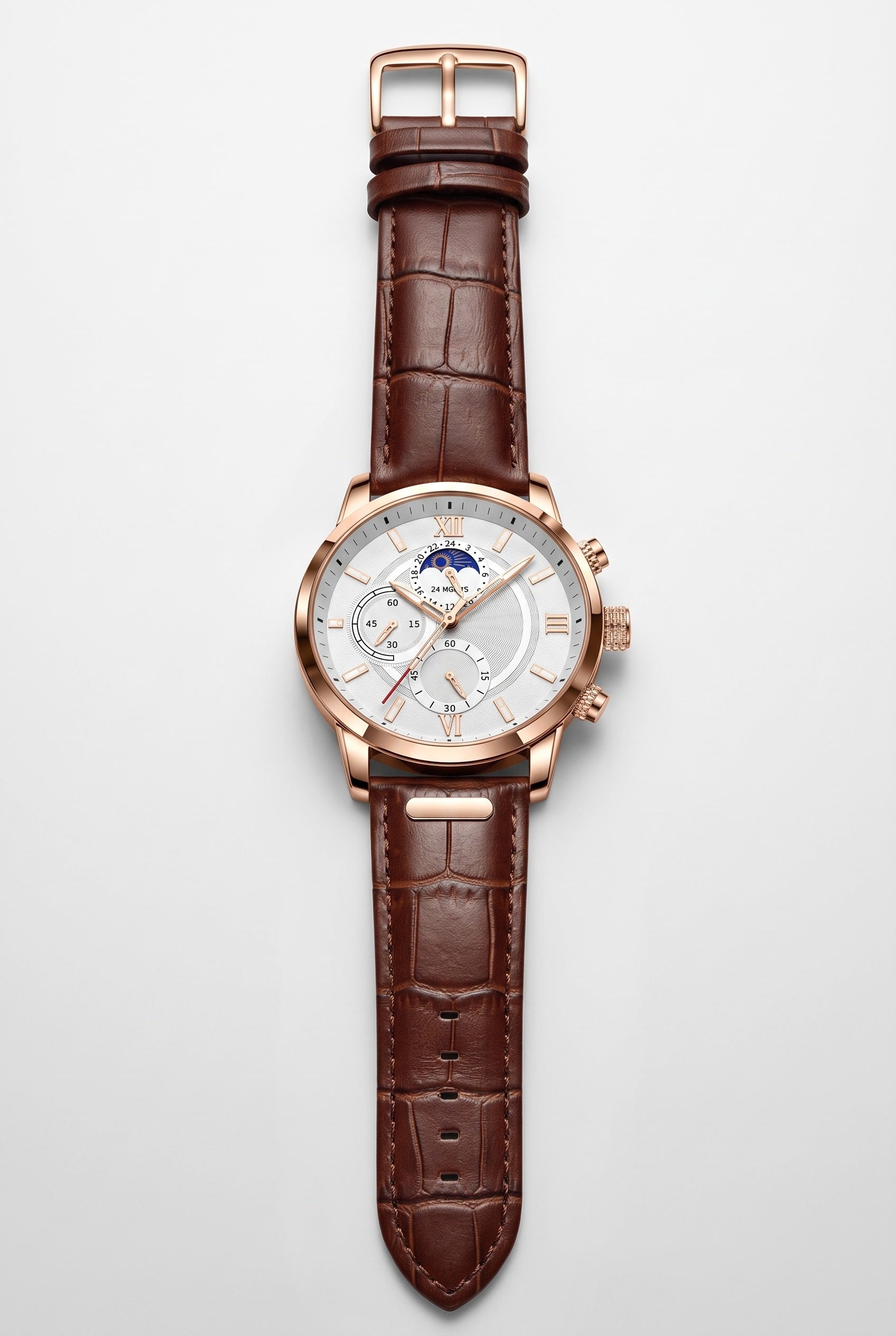 Men's Watch | Chronograph Leather-Look Strap - Brown / White