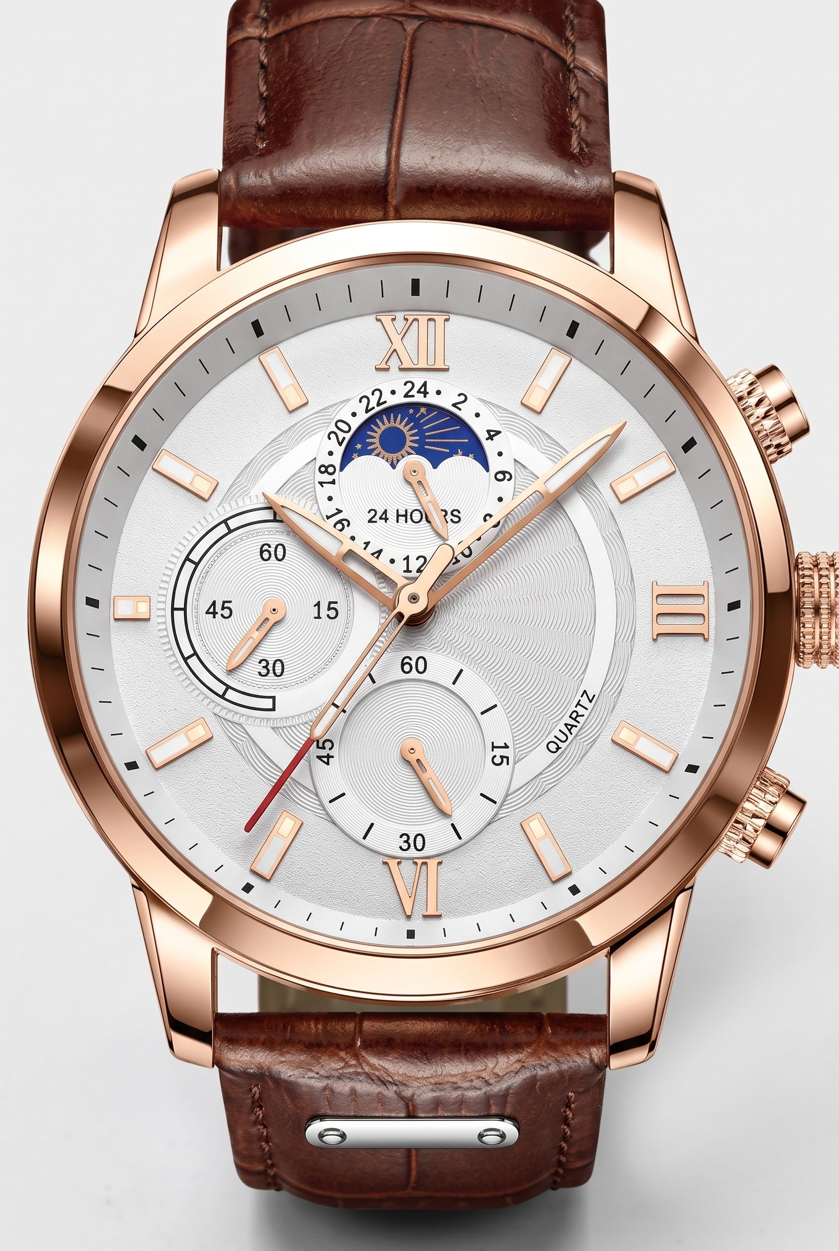 Men's Watch | Chronograph Leather-Look Strap - Brown / White detail