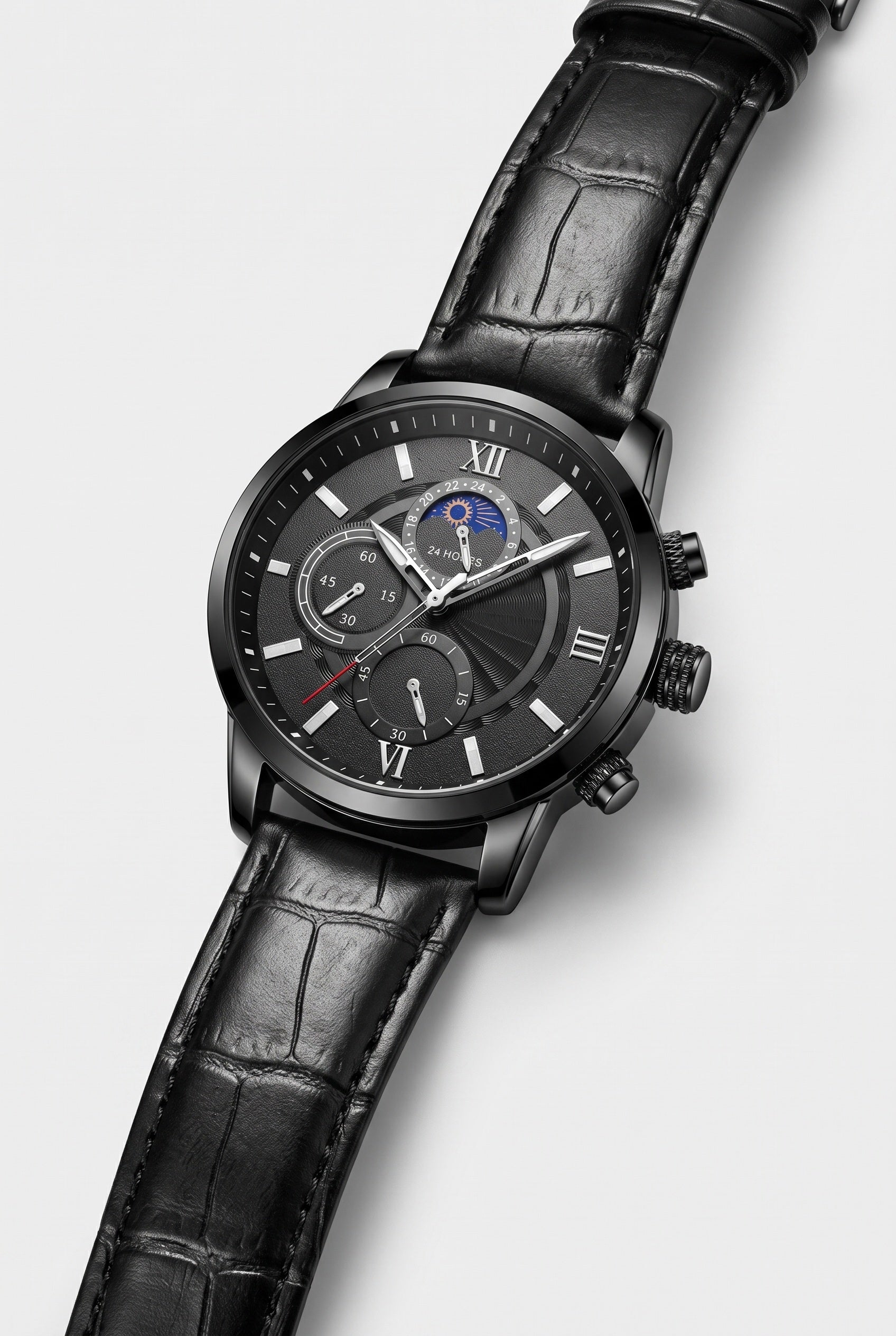 Men's Watch | Chronograph Leather-Look Strap - Full Black
