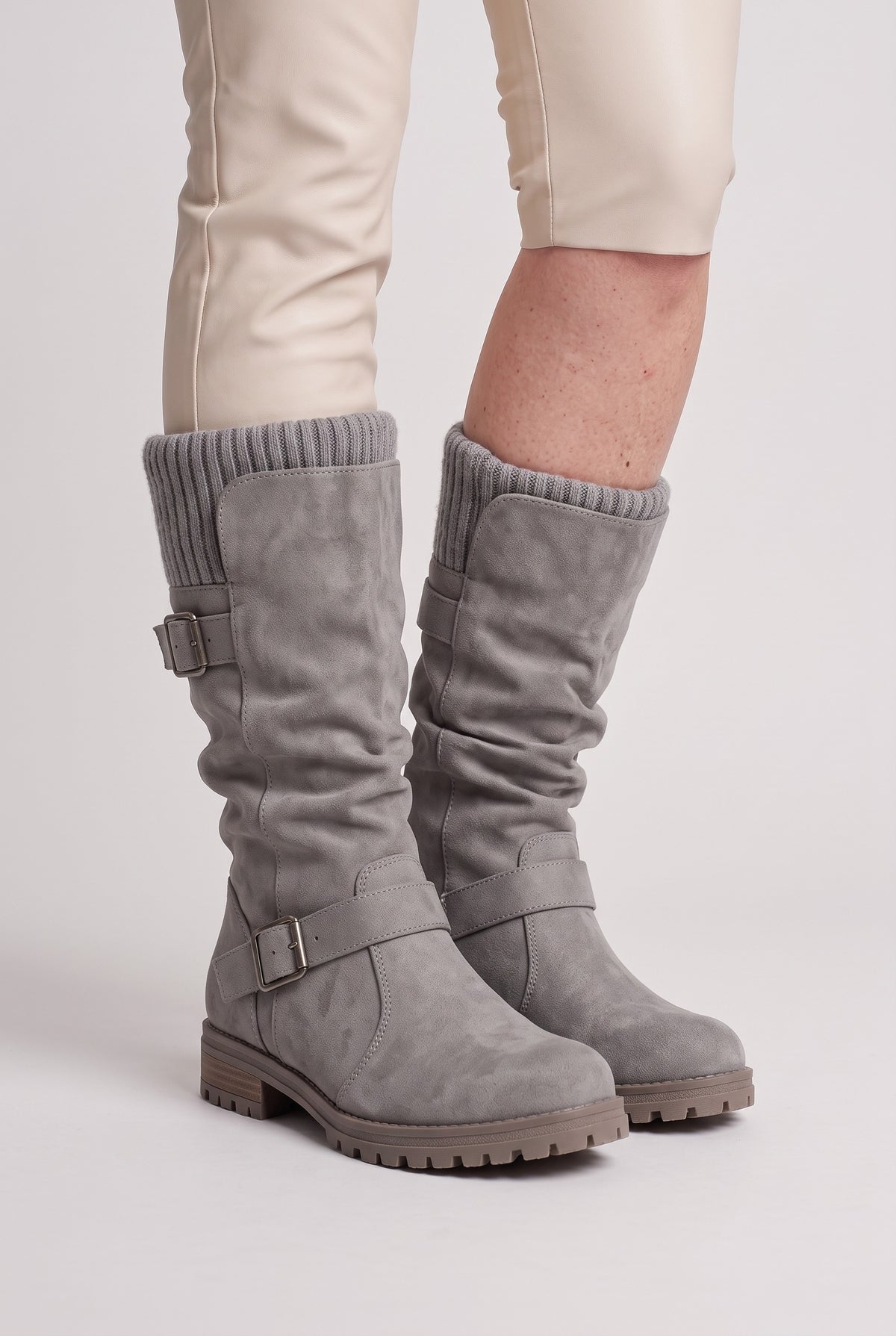 Women’s Boots | Slouch Buckle Knit Cuff - Grey worn