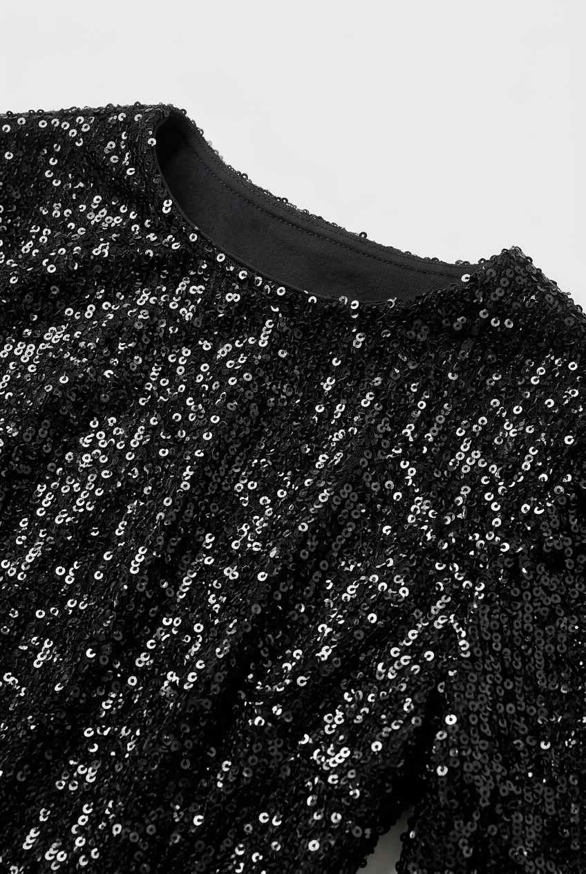 Women Crew Neck Long Bell Sleeve Sequin Dress | Mini - 3