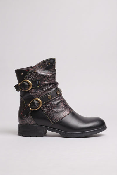 Women's Ankle Boots | Floral Buckle Strap - Black