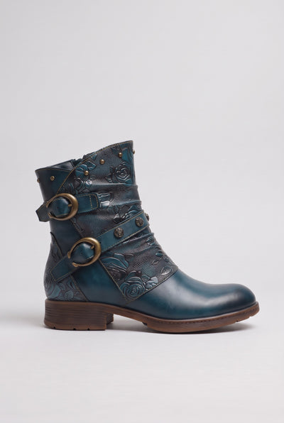 Women's Ankle Boots | Floral Buckle Strap - Blue